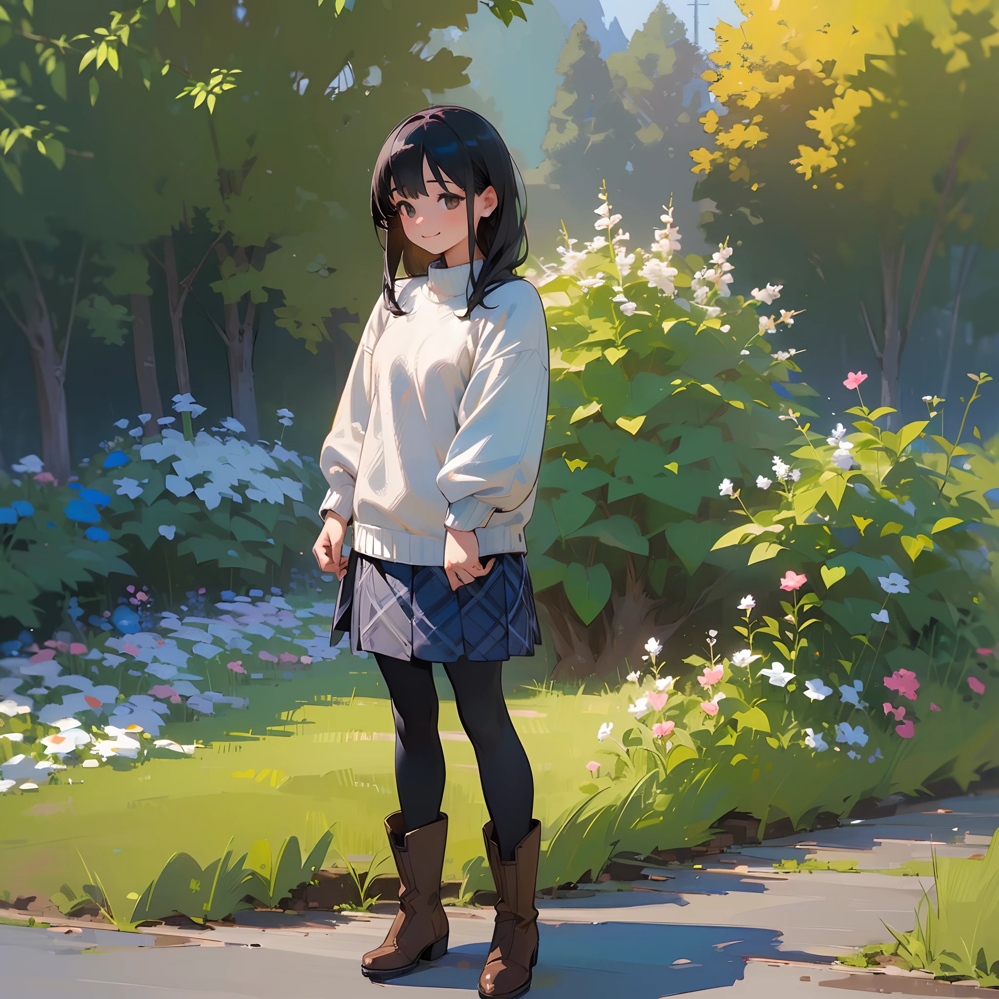 (High quality, High resolution, Ultra-detailed, Realistic:1.37), peaceful ambiance, (plein air, garden),  girl standing alone, Beautiful detailed features, Cute smile, (Black bob hair), Rib Sweater, blue plaid skirt, Black tights, Brown boots.