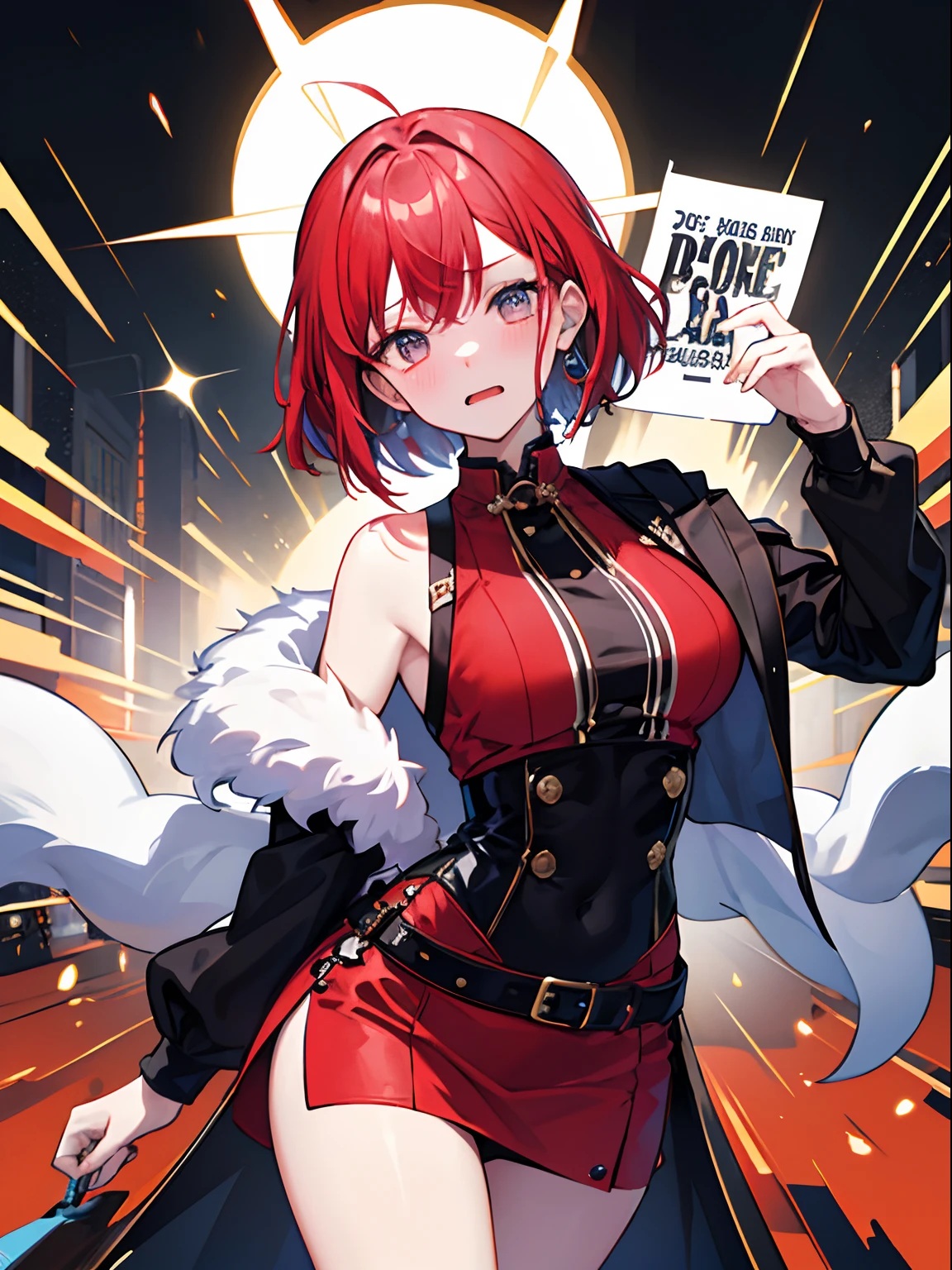 (masterpiece、top-quality、hight resolution)、 Kana Arima \(Oshinoko\), full of shyness、red hairs、Bob Hair、red blush、Wavy mouth、(((Dramatic)))、(((gritty)))、(((vehement))))The poster of the film appears as a central character。She is shy in the center of the poster、Wearing an idol costume、Has a determined look。The background is dark and rough、I feel like I'm drunk。Text is bold and eye-catching、Catchy slogans add to the overall drama and excitement。The color palette is dominated by dark colors.、Bright colors dotted、Make your poster dynamic and visually impactful、Tachi- e(magazine:1.3)、(cover-style:1.3)、Fashionable、with a vibrant、outfits、the pose、the front、colourfull、Dynamic、Background with、element、self-assured、Expressively、ngel、statement、attachment、An majestic、coiled、surroundings、Touch、The scene、Texto、covers、boldface、grab attention、Titles、lo fashion、Font、Catchy、Titles、Large、grab attention、moderno、 Trendy、concentrating、Stylish、1 girl in、a miniskirt
