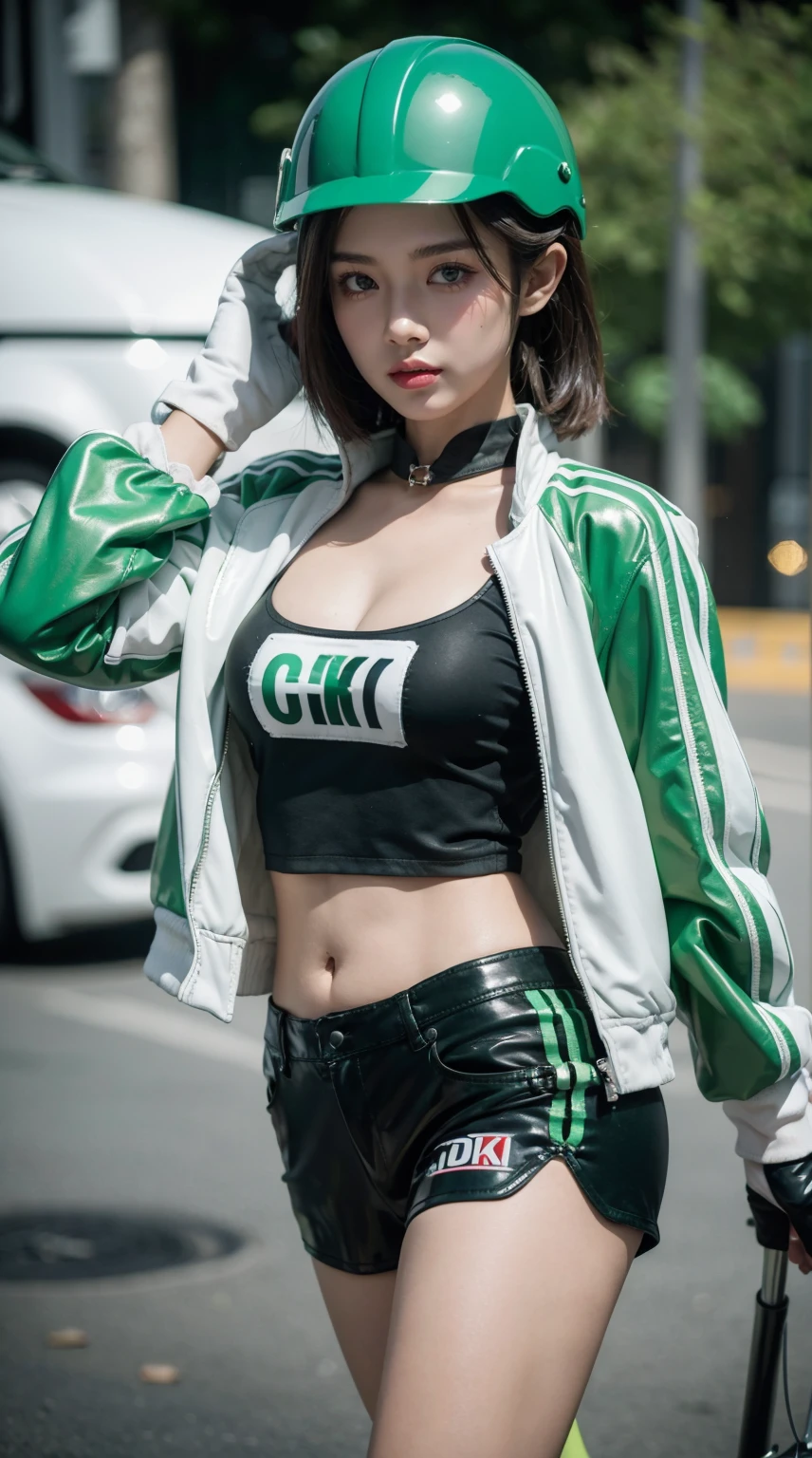 (masterpiece), best quality, expressive eyes, perfect face, cute woman, (Indonesian girl:0.2), jewerly, (wide hips), fit body, (navel:0.2), wearing indonesia GoJek light green cropped jacket, (black stripe jacket), green biker jacket, (jacket with "Ojol" text), (GoJek logo), Indonesia flag decal on jacket, (lace:0.5), (wifi symbol:0.4), motorbike, (wearing green helmet),white stripe racing helmet with Gojek logo, cleavage, (((gloves))), ultra lowleg shorts, (xivstreetjacket:0.2), (groin:1.2),