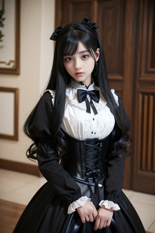 1girl in、Gothic Lolita Fashion、Manteau、((Corset skirt))、((long black hair１５Year old girl))、Big breasts 1:4、big eye、Beautiful eyes、long eyelashes