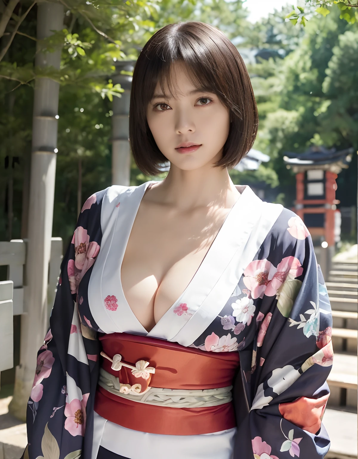 (top-quality、8K、32K、​masterpiece、超A high resolution、nffsw:1.3)、(((Wearing samurai armor))),(Japan idol:1.8)、1girl in、(Colossal tits)、((maikurobikini)).(short-hair)、abdominals、the perfect body、((Takan Ninja)), Delicate facial features, Ultra-realistic, Hyper-realistic, 鎖骨、(((Armpit))),((cleavage of the breast)).Shadow、octan render、((Wear a beautiful kimono with a high degree of exposure)),hyperdetailed face、Detailed lips、finely eye、二重まぶた、(魅惑的)、((agitation:1.5))、maikurobikini、((Navel))、Armpit、((Female ninja))、Japan holding a sword、Mystical expression、((beautiful forest background)).shrine background、Old Town of Japan、((heavy breasts)),Toostock、mecosuji、Kimono with colorful floral pattern、highcontrast、(((Colorful kimono))),extremely heavy breasts、