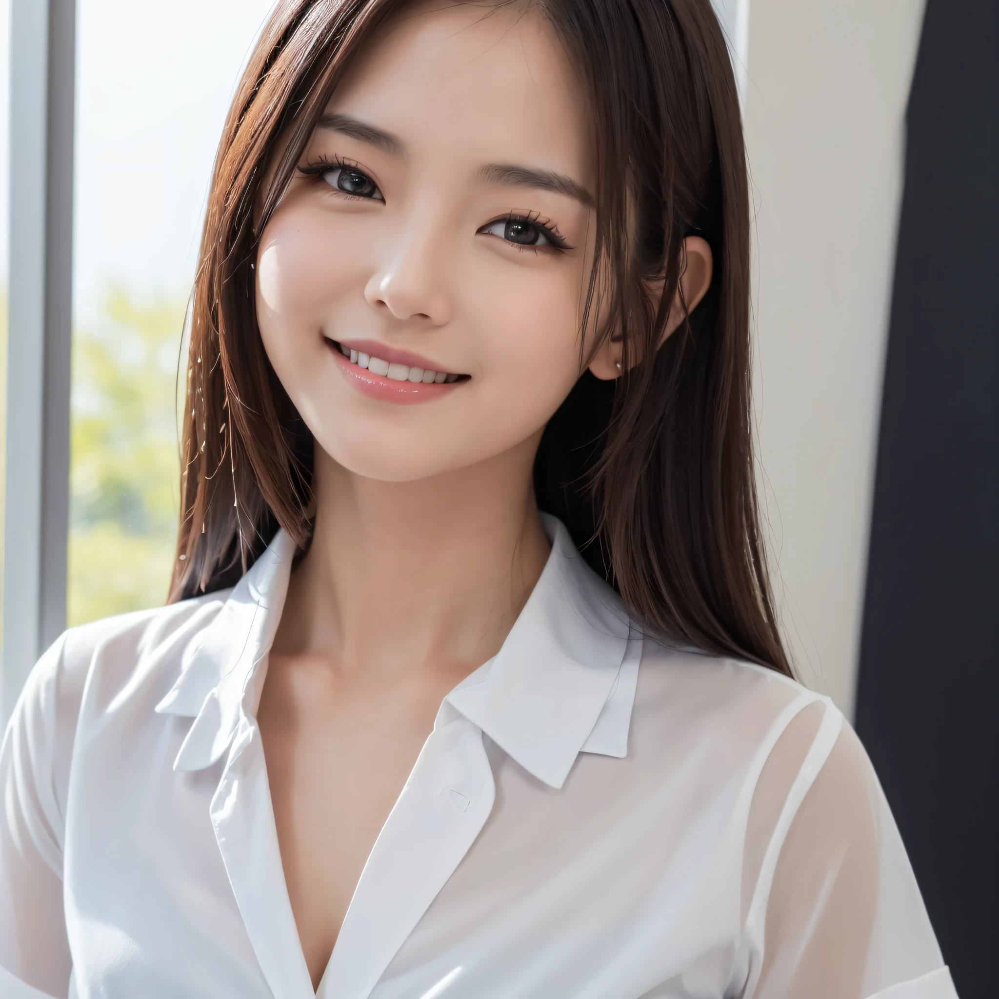 One super beautiful woman、((best qualtiy、8k masterpieces:1.3))、foco nítido:1.2、(ultra beautiful faces:1.0)、(shinny skin:1.0)、photos realistic、A dark-haired、Video Lighting、High-definition eyes and face、Japan Idol Actress、from the front side、medium breasts、Smile、Slender Abs Beauty、Whole body、wears a suit、wearing a shirts、In the office