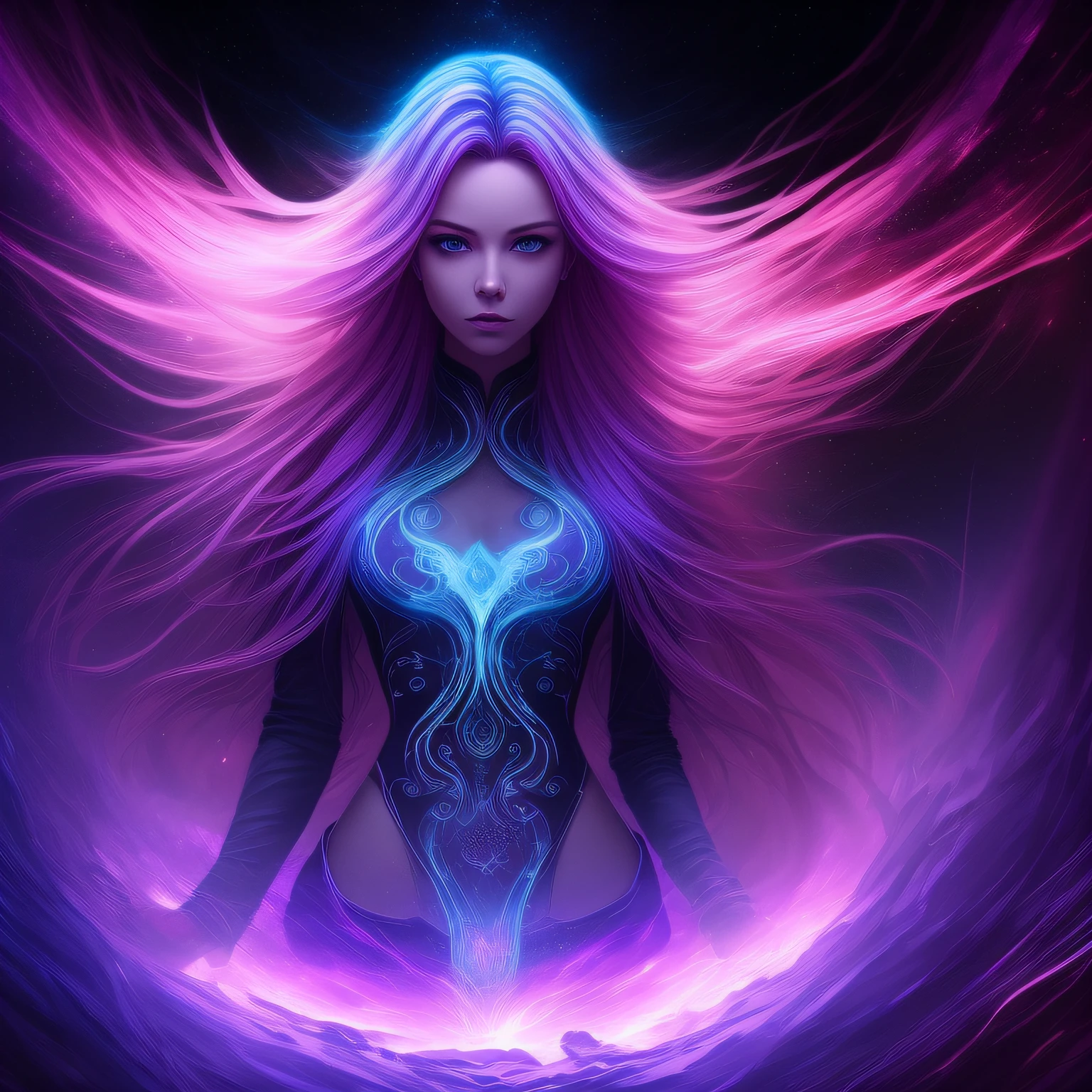 Stunning woman with vibrant purple neon hair made of light, long flowing hair, glowing in the midst of galaxy formations in dark space, beautiful woman, hourglass figure, symmetrical, mesmerizing blue eyes, facing viewer, looking at viewer, dark fantasy, detailed and realistic textures, vibrant colors, surreal and mysterious, hyperrealistic, modern art, digital painting, trending in Artstation, cinematic lighting, and dynamic composition, best quality