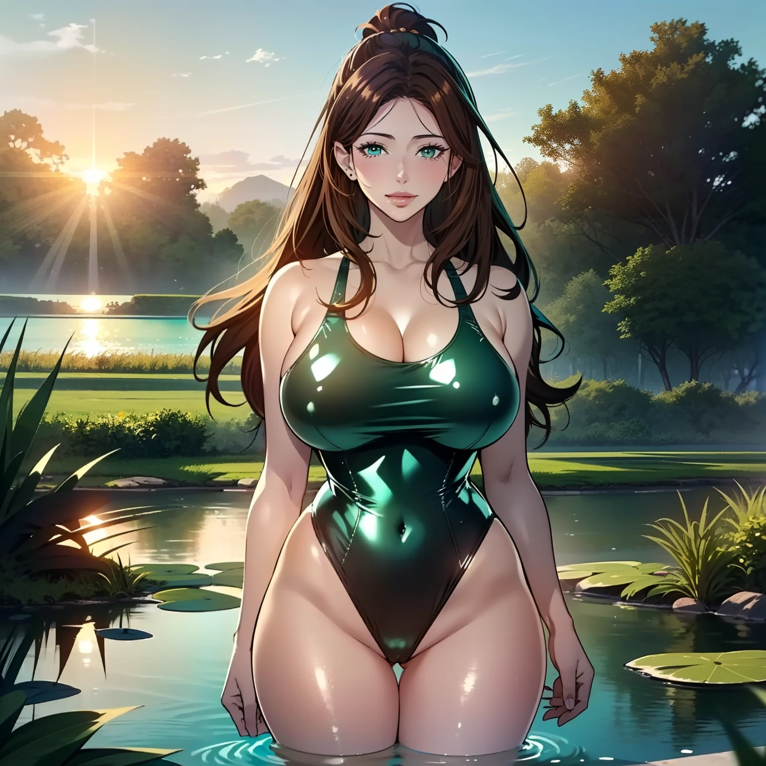 Masterpiece, Best Quality, (((Solo mature woman resembling Lucy Pinder))), (((Brown hair))), Ponytail, Large chest, (((wide hips))), (((aqua green eyes))), full lips, seductive smile, cleavage, (standing in pond), sunset, horizon blushing, (((wearing shiny black one piece swimsuit))), [Janet], [Alice], ((very shiny skin)), "beautiful mature face" , age30 , milf , adult