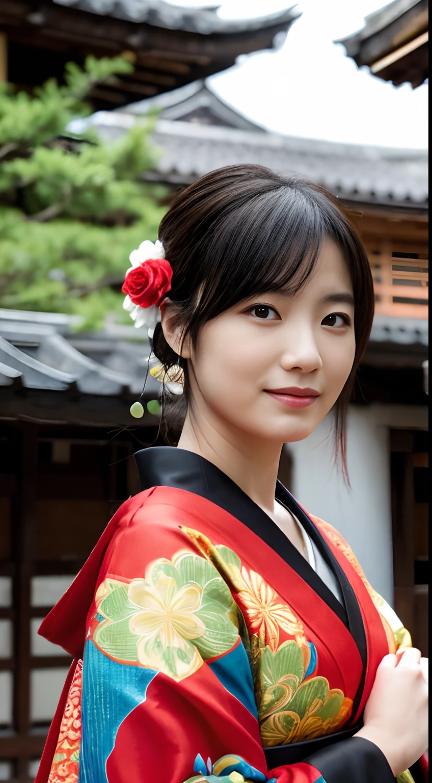 masutepiece, of the highest quality, Best Quality, Official art, fullbody image，Beautiful and aesthetic:1.2),1girl in, Solo, komono, Red and black kimono, Hair Ornament, Black hair,  Looking at the camera, flower, Looking at Viewer, Holding on to joy,  Kyoto Kiyomizu-dera Temple，On stage，High-definition image seen from a distance，