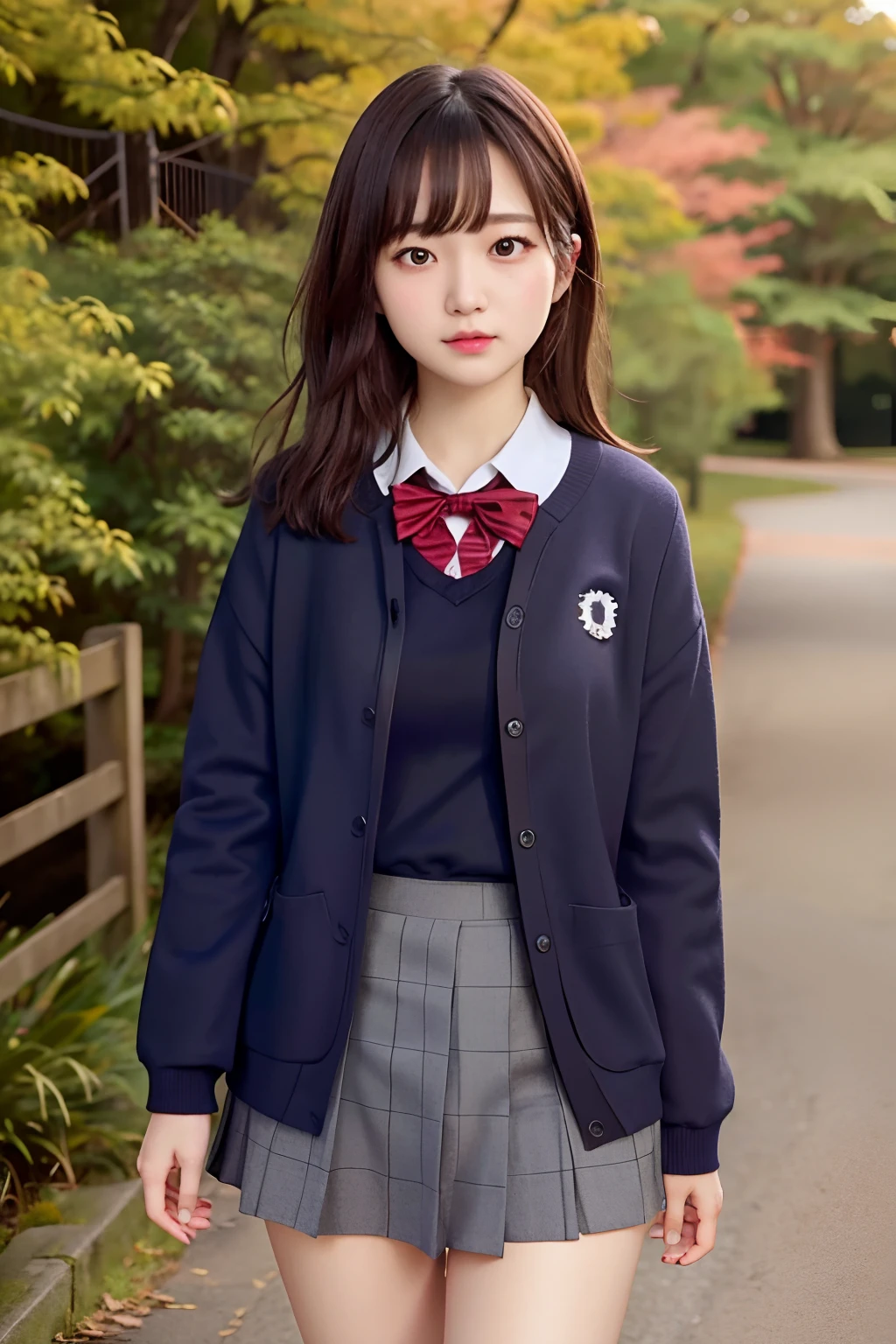 ogiwara sayu, 1girl, solo, school uniform, long sleeves, skirt grey, blush, (absurdres), (highres), looking at viewer, walking in the park, (extremely detailed CG unity 8k wallpaper,masterpiece, best quality, ultra-detailed)