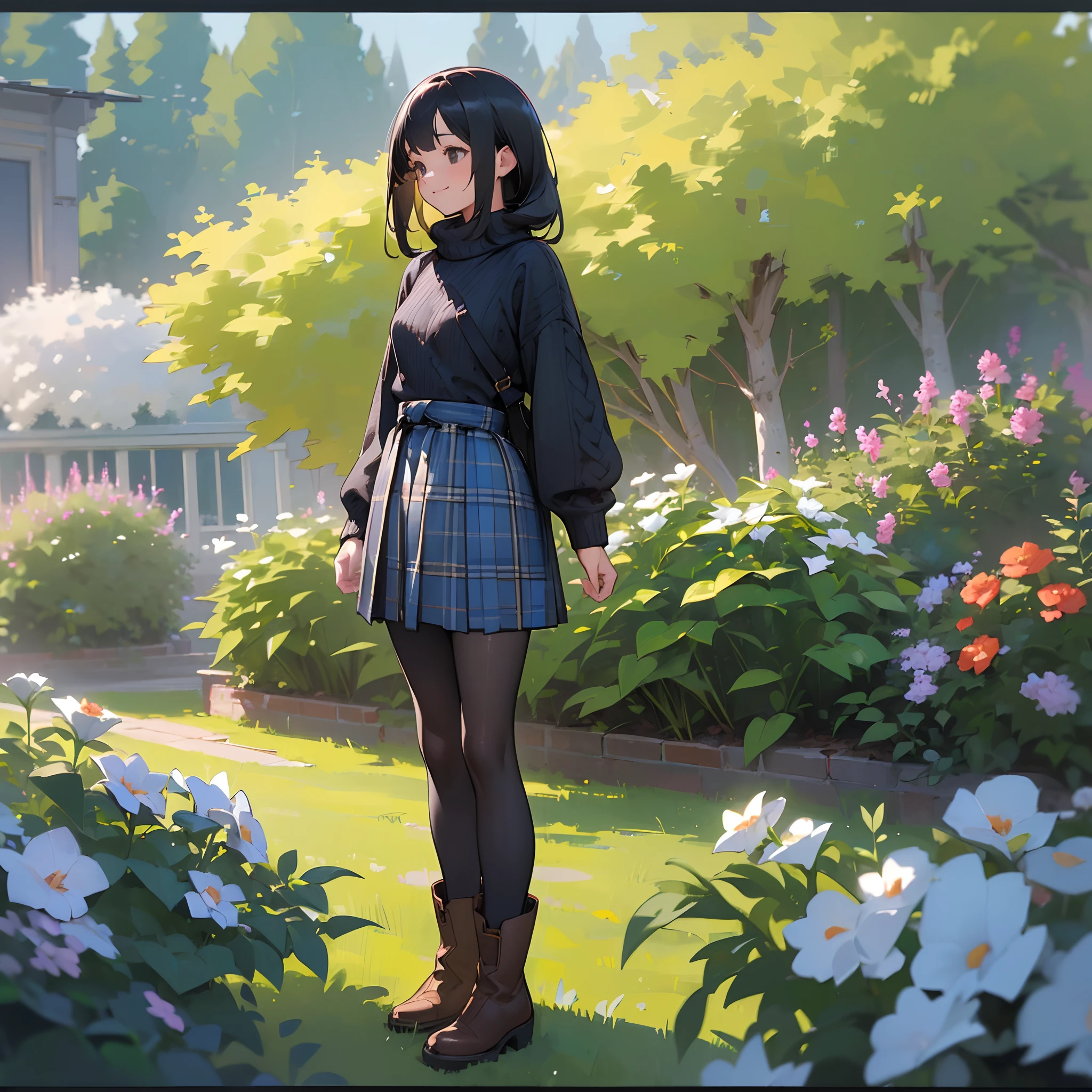 (High quality, High resolution, Ultra-detailed, Realistic:1.37), peaceful ambiance, (plein air, garden), girl standing alone, Beautiful detailed features, Cute smile, (Black bob hair), Rib Sweater, blue plaid skirt, Black tights, Brown boots.