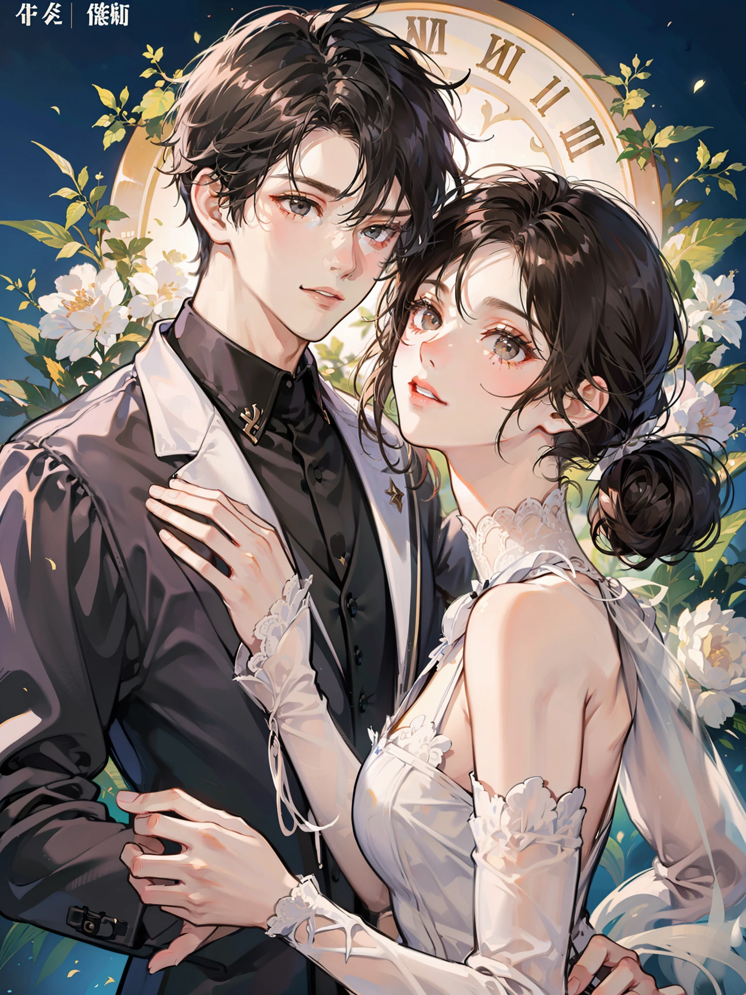 Urban romance novel cover,Young male and female couples。Boy with short black hair and black eyes,Fair and clean skin,Delicate facial features,White color blouse,Narrow black tie。Girl with long brown hair and brown eyes,Fair and clean skin,Delicate facial features,ornate gown。Divine light in the background,a sense of atmosphere,foamy。Happiness and well-being。Otome game style HD eyes with long eyelashes
