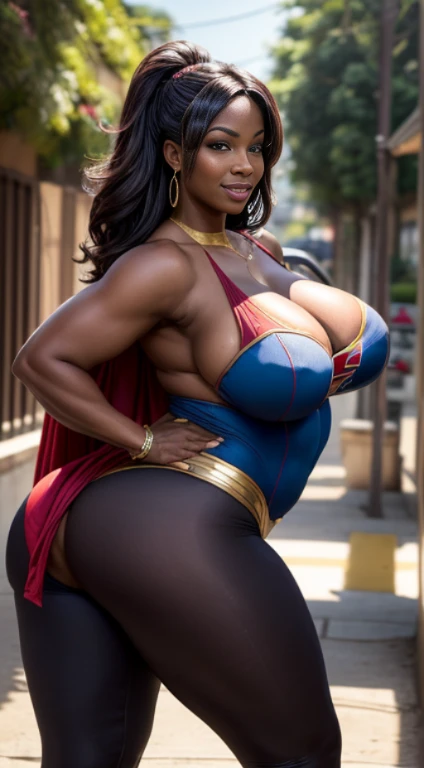 (melhor qualidade,4k,8k,alta resolução,masutepiece:1.2), (mulher negra, pele de ebano, BBW MILF, 40 anos), (bunda enorme, Sagging Tits: 1,9),  Footfall , (sexy Supergirl costume), sexy, sensual, hot, sorridente, (Sagging Tits: 1,9), decotes, bunda enormes. ((mesmo personagem, headpe, lado, costas)), (perfect hands)