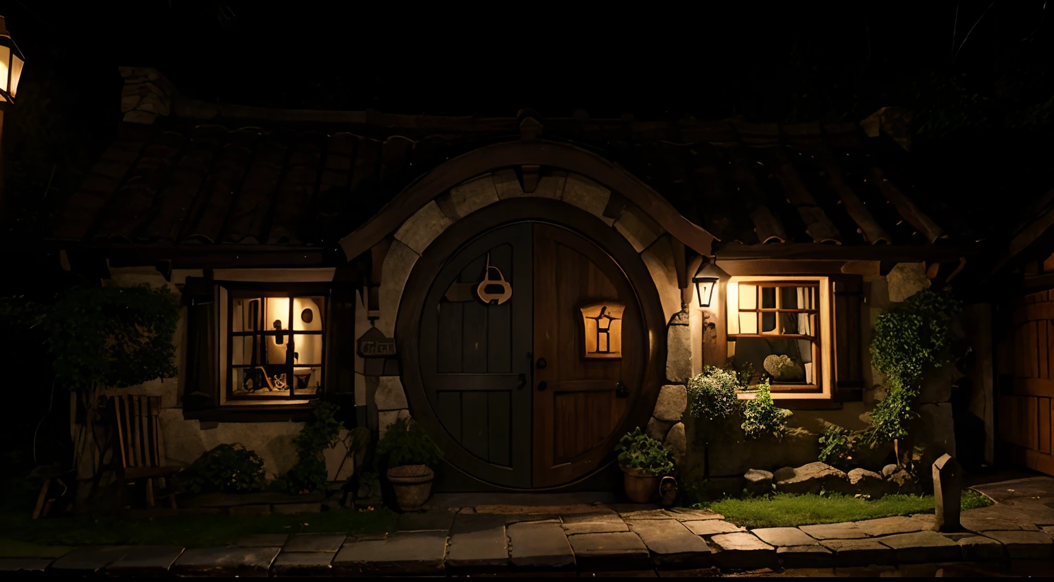 a hobbit village at rainy night, hobbit doors, hobbit windows