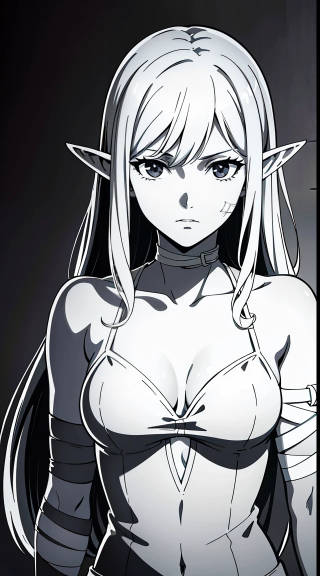 {4k image}, 1 beautiful elf woman, 30 years old, long hair (black), medium breasts, facing the viewer with a neutral expression, chest bandage, {centered image}, {just face and chest photo}, no background, Manga Semi-Realistic Art Style (monochrome)