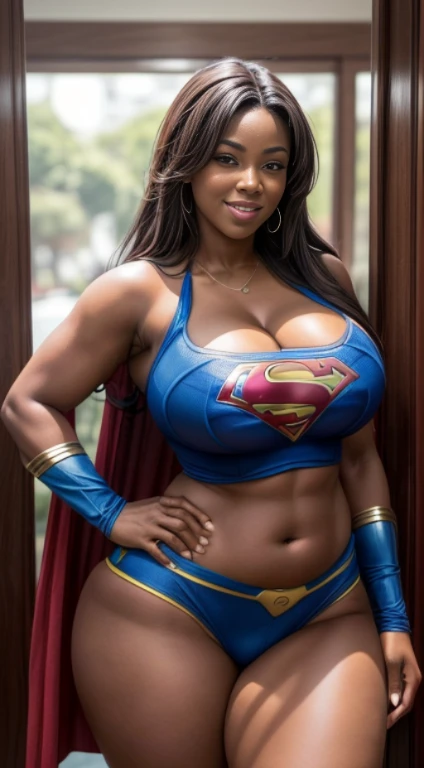 (melhor qualidade,4k,8k,alta resolução,masutepiece:1.2), (mulher negra, pele de ebano, BBW MILF, 18 anos), (bunda enorme, Sagging Tits: 1,9),  Footfall , (sexy Supergirl costume), sexy, sensual, hot, sorridente, (Sagging Tits: 1,9), decotes, bunda enormes. ((mesmo personagem, headpe, lado, costas)), (perfect hands)