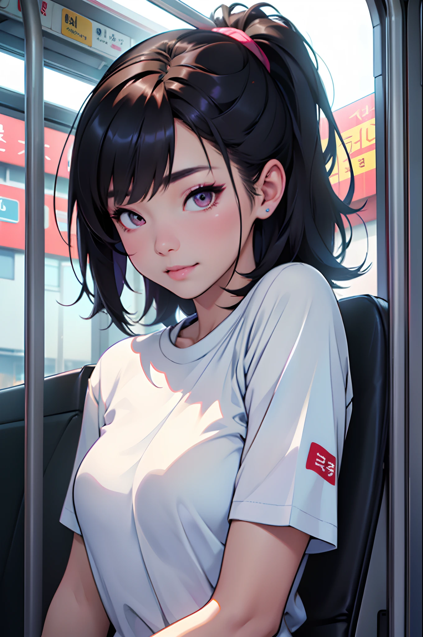 Realistic photos of cute Korean female stars, Uneven double tails, thin makeup, medium breasts size, A slight smil, Color T-shirt, In the bus, Clear facial features,sharp and realistic details, Sony FE, 35mm, Cinematic lighting, High details, hyper HD, High quality, HD, 8K, 16k