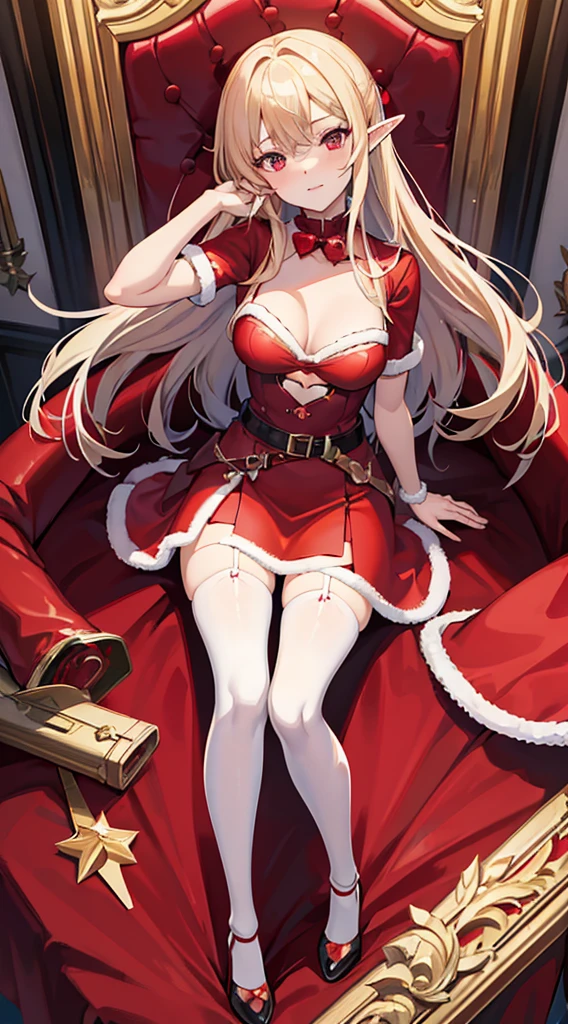 there is a woman in a red dress and stockings posing, very sexy devil outfit, trending at cgstation, trending on cgstation, , v from devil may cry as an elf, Open V chest clothes, Barbie doll in panties and bra, eechi, Anime girl cosplay, cosplay, anime barbie in white stockings, 2023 4K, Christmas