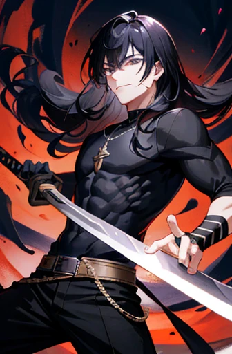 1boy, bangss, A dark-haired, Black shirt, trouser、hair between eye, Long-haired straight、Great sword、 swordsmen 、Highly detailed and anatomically correct, Sharp Images, digitial painting, concept-art、Hold your sword、Viola、１Book sword、glam、Long sword、Black blade、Purple aura on the sword、ember、villainess、Nihilistic smile