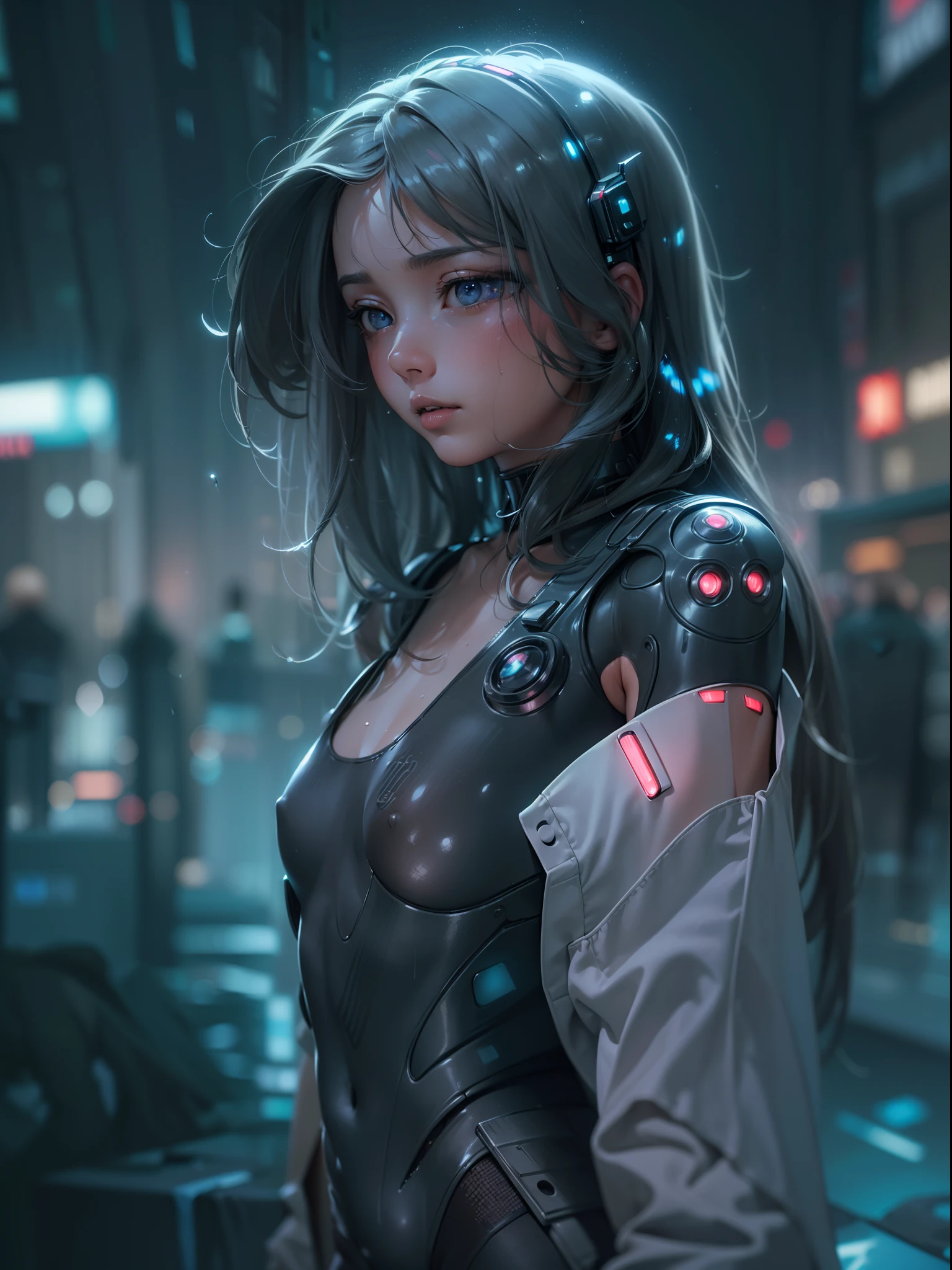 ((Best quality)),((Masterpiece)),((Ultra-detailed)),(illustration),(Detailed light),(An extremely delicate and beautiful),((1girll)),((Solo)),(Beautiful detailed eyes),Shiny hair,(((Cyberpunk city))),light pollution,((tightsuit)),rainy evening,Wet,(((cropped shoulders))),Depth of field,