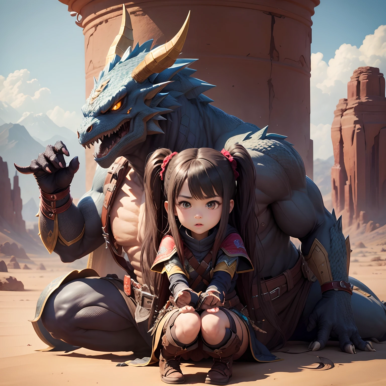 超A high resolution、An ultra-high picture quality、8K、Detailed details、marvelous expression、1 person ager、Big dragon monsters are your sidekicks、Monster Hunter Character Costumes、Have a big weapon、Vast desert background、