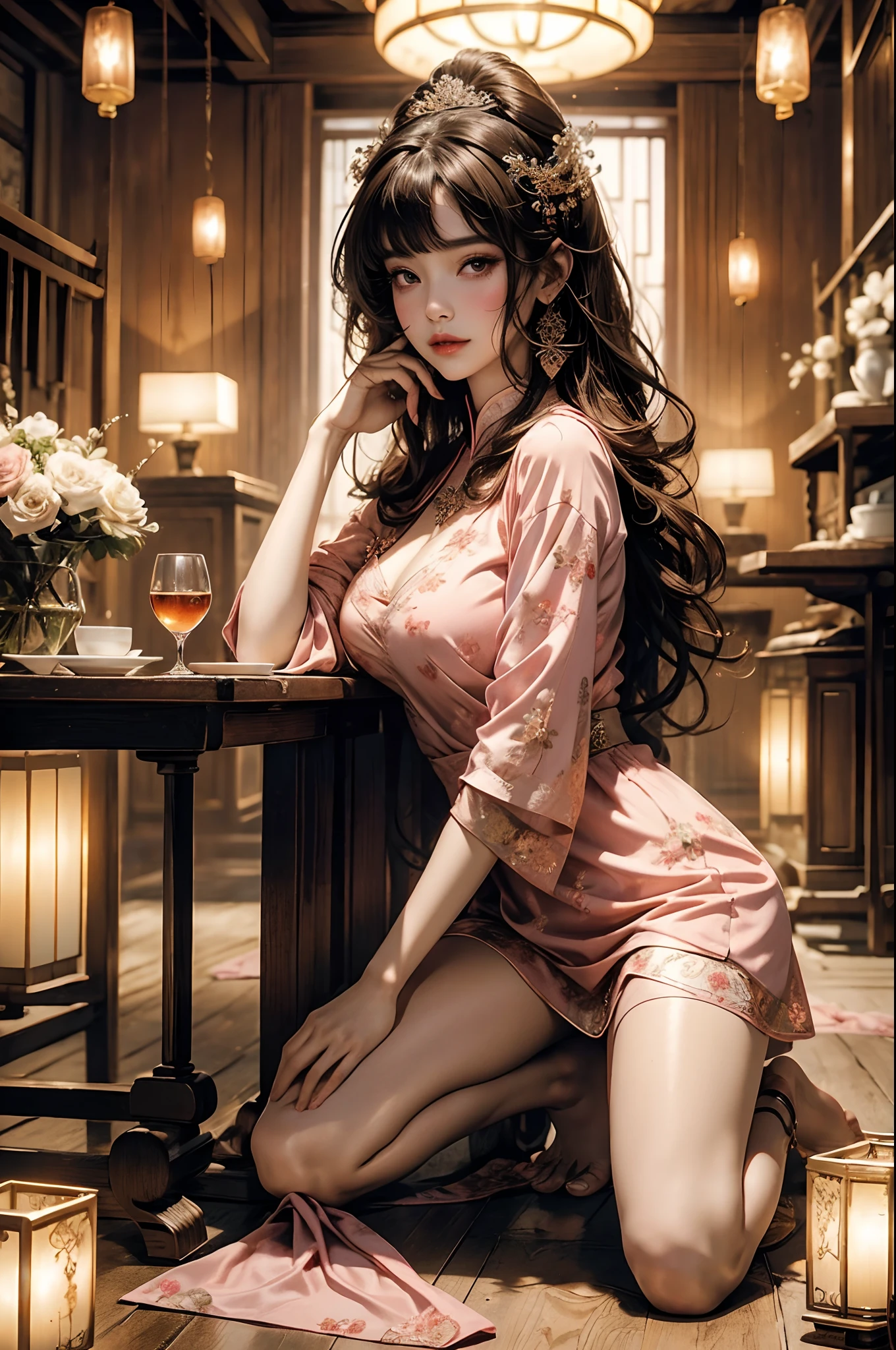 Masterpiece, Best quality, Waterfront, banquet, 1 woman, Mature woman, elegant, Chinese style, Ancient China, sister, Royal Sister, cheerfulness, Meatball heads, Light brown hair, Pink eyes, Gorgeous headdress, Light pink lips, Pink clothes, Yarn-like clothing, Intellectual, Full bangs, Flat bangs, Flower bulbs, Face delicate,updo(Enrich the picture,Masterpiece level quality)Beautiful 8K CG artwork,Goddess-like posture,Kneeling exercise,Slim and soft,Translucent skin,brunette color hair、Medium-long hair and messy hair blend beautifully,The skin is fair and juicy,Big breasts uniform,Perspective Part 1.2x enhanced silhouette effect,Pajamas are delicate and transparent,The details are intricate and exquisite,The background is slightly blurred,Charming and lustful leg seduction,02