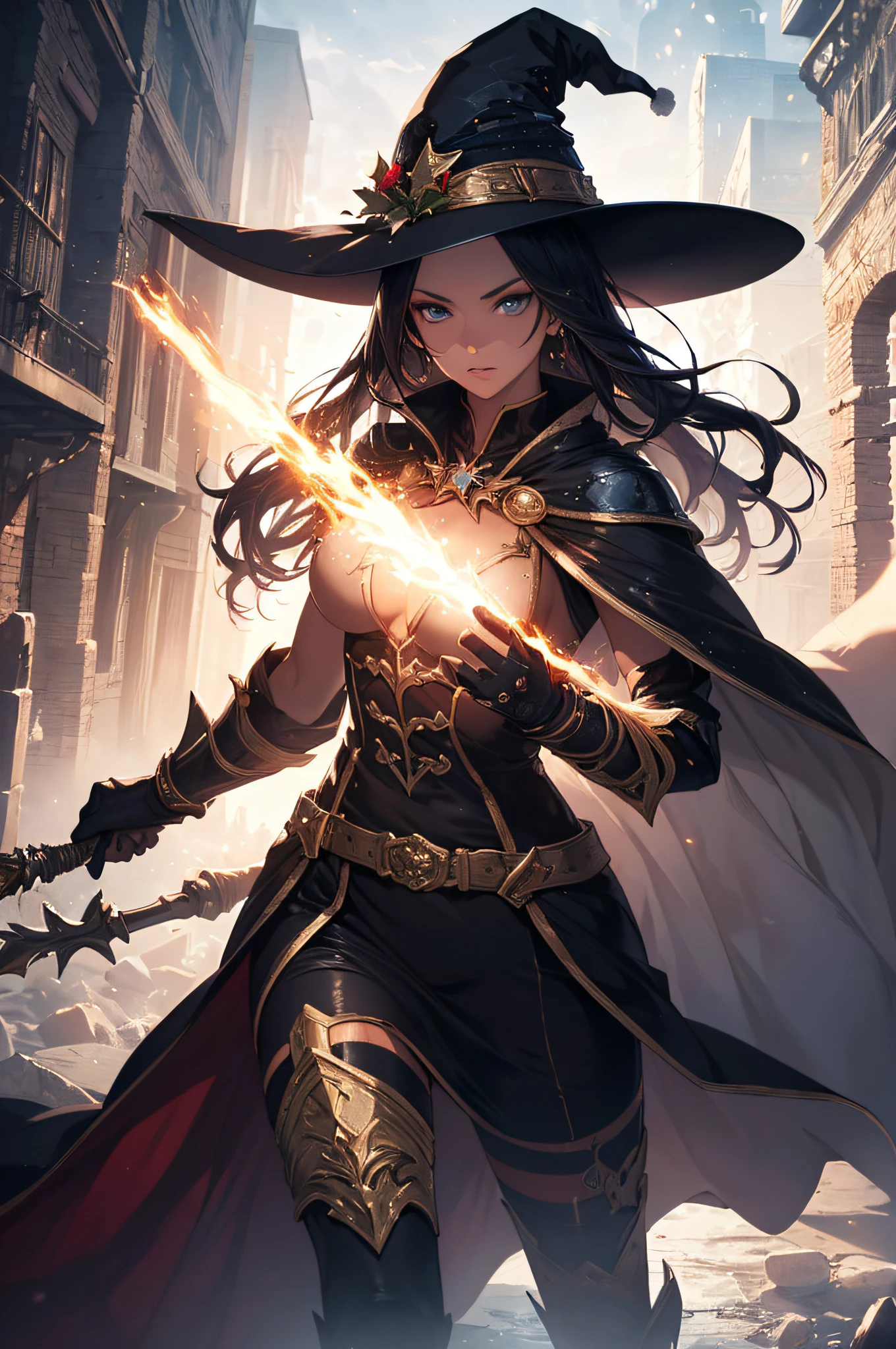 (mage), (powerful), (magical), (MMORPG), (Christmas-themed armor), (cape), (black hair), (blue eyes), (red skin tone), (staff in hands), (witch hat), (red), (vibrant colors), (detailed), (high-res), (fantasy), (adventurous), (mysterious), (action-packed), (spellbinding), (dynamic lighting), (epic), (enchanted), (otherworldly), (immersive), (intricate details), (impressive), (captivating), (stunning), (masterpiece:1.2), (ultra-detailed), (photorealistic:1.37), (bokeh), (magical atmosphere), (dynamic poses), (heroic), (mythical creatures), (fierce expression), (battle-ready), (explosive magic), (dreamlike), (majestic)