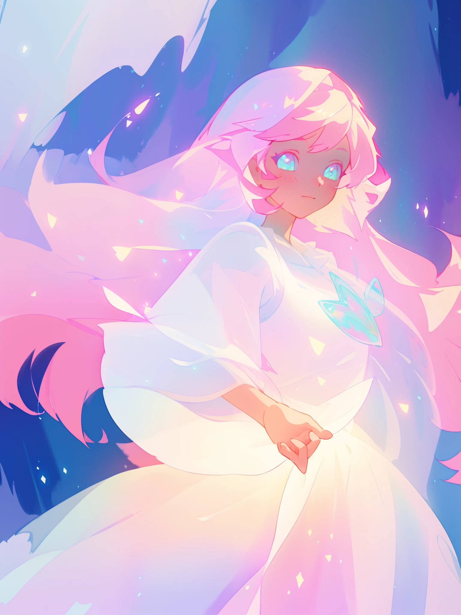 beautiful girl in glowing white dress, ((flowing white ballgown)), vibrant pastel colors, (colorful), magical lights, long flowing colorful pink hair, ((glowing aura around her)), flowing glowing hair, fantasia landscape background, whimsical, magical, fantasy, beautiful face, ((masterpiece, best quality)), intricate details, highly detailed, sharp focus, 8k resolution, sparkling detailed eyes, liquid watercolor