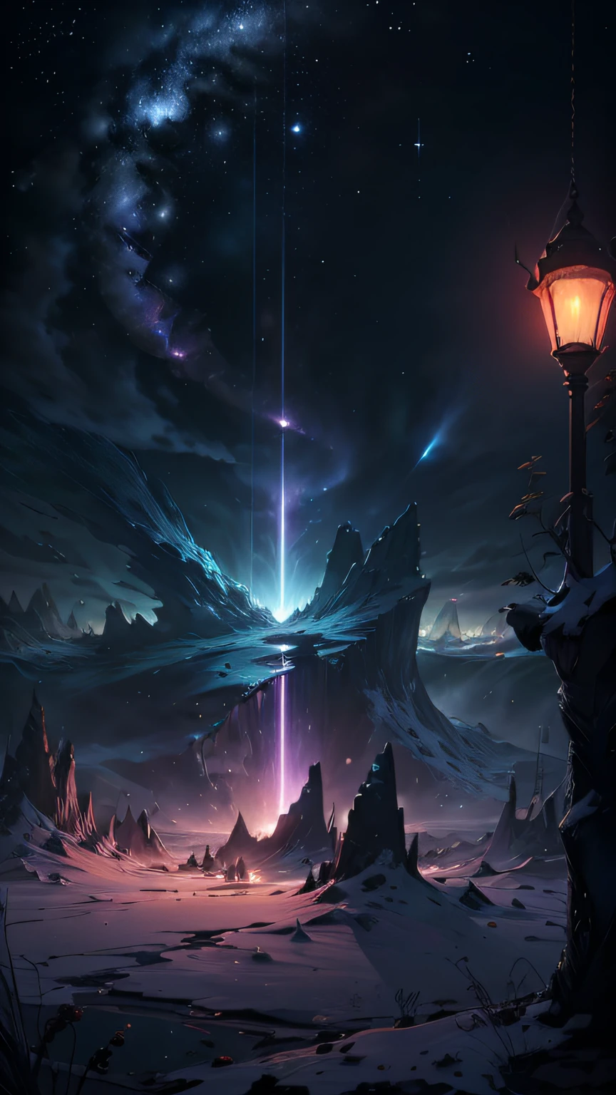 ((tmasterpiece, best qualityer, ultra - detailed, A high resolution)) Expansive landscape photography, (See below.), Above is the sky, Below is an open field), (Take the keys: 1.2), (meteors: 0.9), (Starcloud: 1.3), Far Mountain, Tree BREAK making art, (Warm light source: 1.2), (glowworm: 1.2), lamp lights, Very purple and orange, Complicated details, Volume lighting, BREAK realism (tmasterpiece: 1.2),  (best qualityer), ultra - detailed, The is very detailed, Colorful detailed, (Rainbow colors: 1.2), (Bright lighting, Atmospheric illumination), Dreamlike, magical, 4K