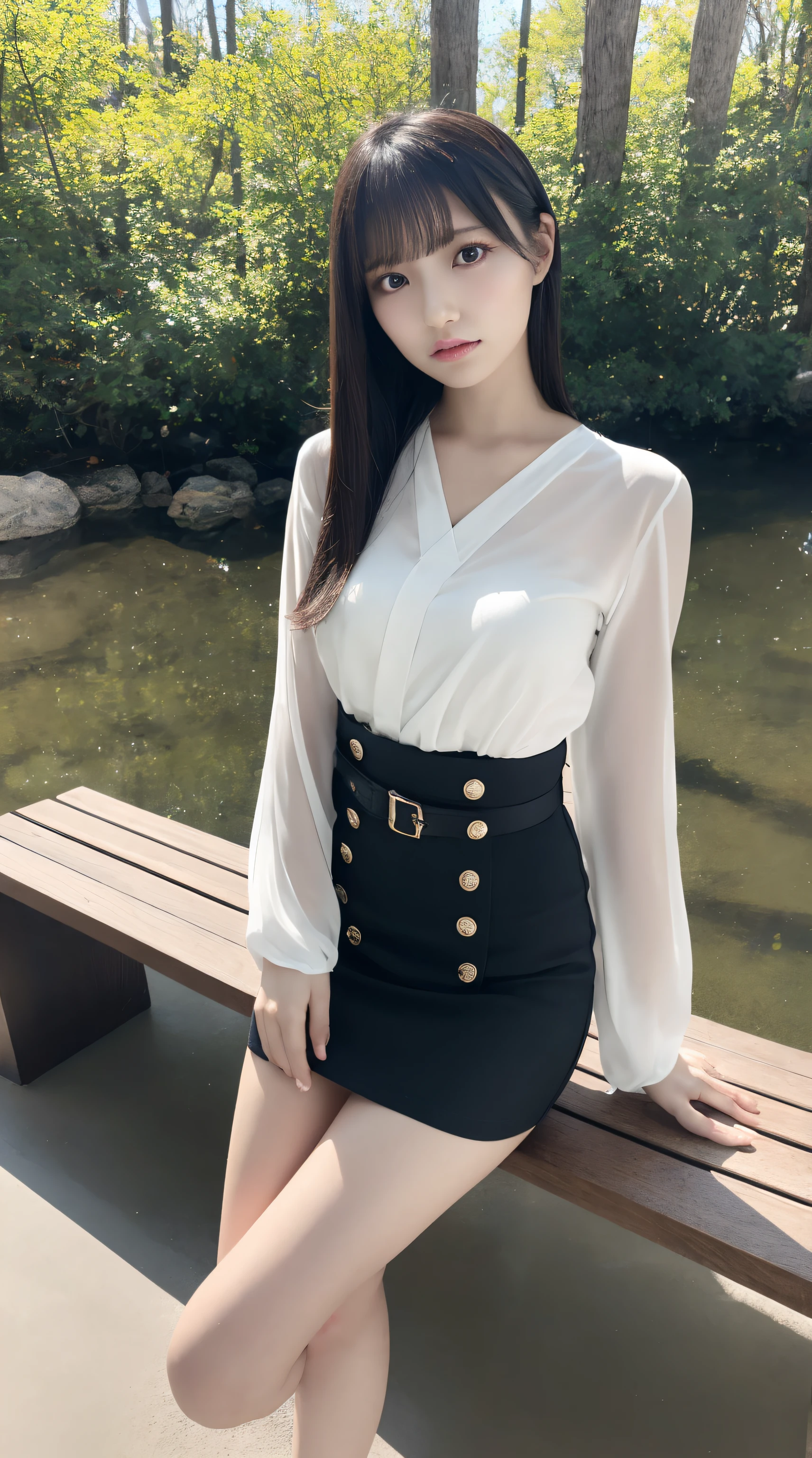 A beautiful Japanese shy girl, age 18 years old, short brown hair, brown big eyes, shiny lip, shiny hair, ecstatic expression, wearing off shoulder front button black one piece clothes with mini skirt, The background is very blurry, wearing high heels, A photo showing the whole body, in front of huge window,