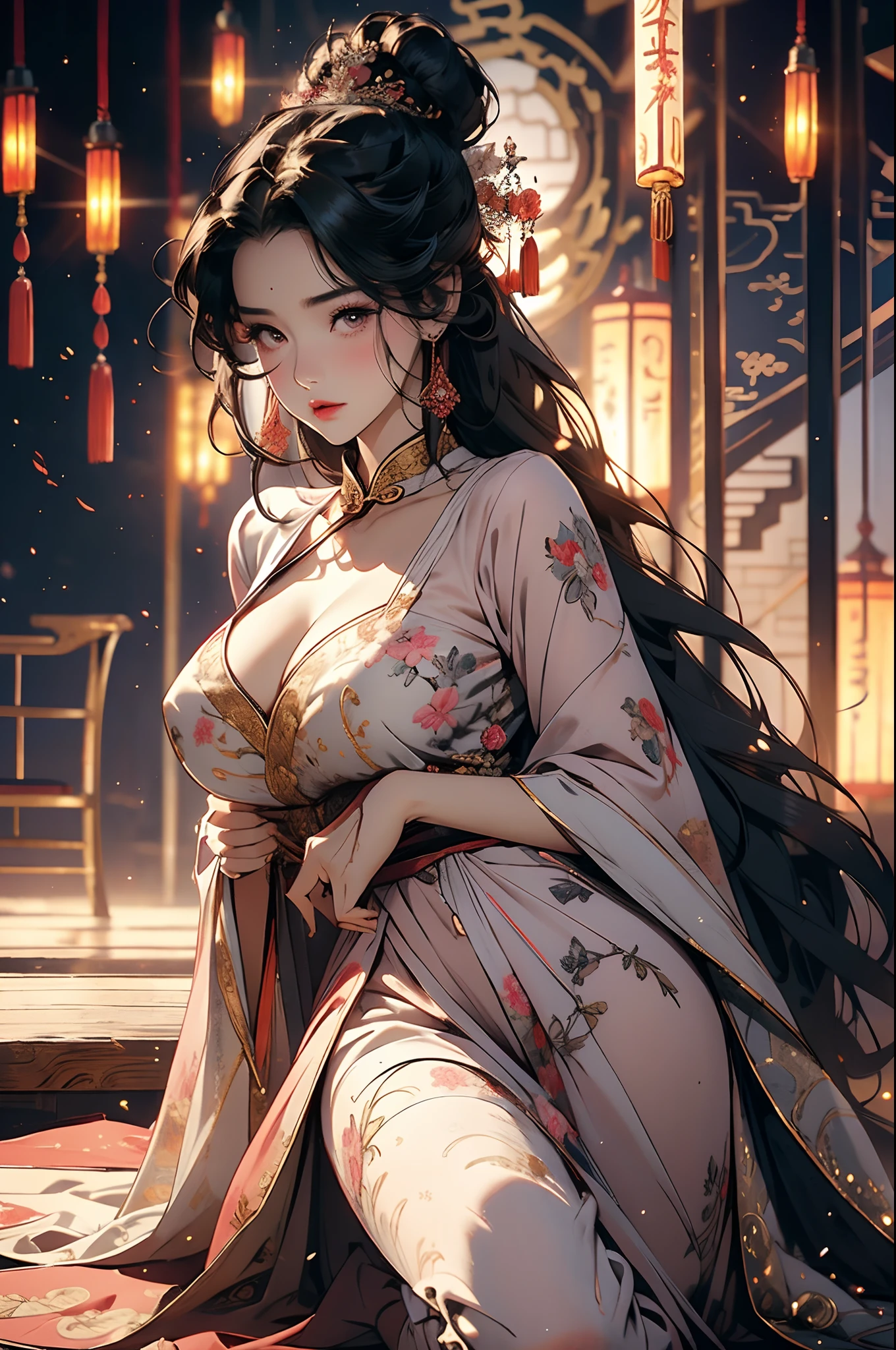 Masterpiece, Best quality, Waterfront, banquet, 1 woman, Mature woman, elegant, Chinese style, Ancient China, sister, Royal Sister, cheerfulness, Meatball heads, Light brown hair, Pink eyes, Gorgeous headdress, Light pink lips, Pink clothes, Yarn-like clothing, Intellectual, Full bangs, Flat bangs, Flower bulbs, Face delicate,updo(Enrich the picture,Masterpiece level quality)Beautiful 8K CG artwork,Goddess-like posture,Kneeling exercise,Slim and soft,Translucent skin,brunette color hair、Medium-long hair and messy hair blend beautifully,The skin is fair and juicy,Big breasts uniform,Perspective Part 1.2x enhanced silhouette effect,Pajamas are delicate and transparent,The details are intricate and exquisite,The background is slightly blurred,Charming and lustful leg seduction,03