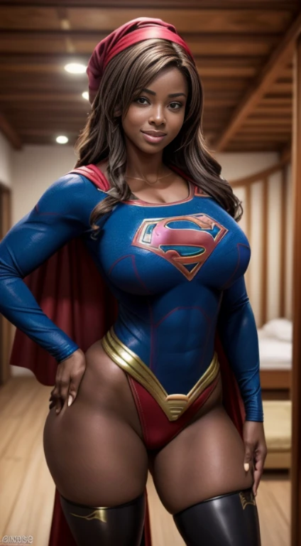 (melhor qualidade,4k,8k,alta resolução,masutepiece:1.2), (mulher negra, pele de ebano, 18 anos), (bunda enorme, Sagging Tits: 1,9), Footfall , (Supergirl costume), sexy, sensual, hot, sorridente, (Sagging Tits: 1,9), decotes, bunda enormes. ((mesmo personagem, headpe, lado, costas)), (perfect hands)
