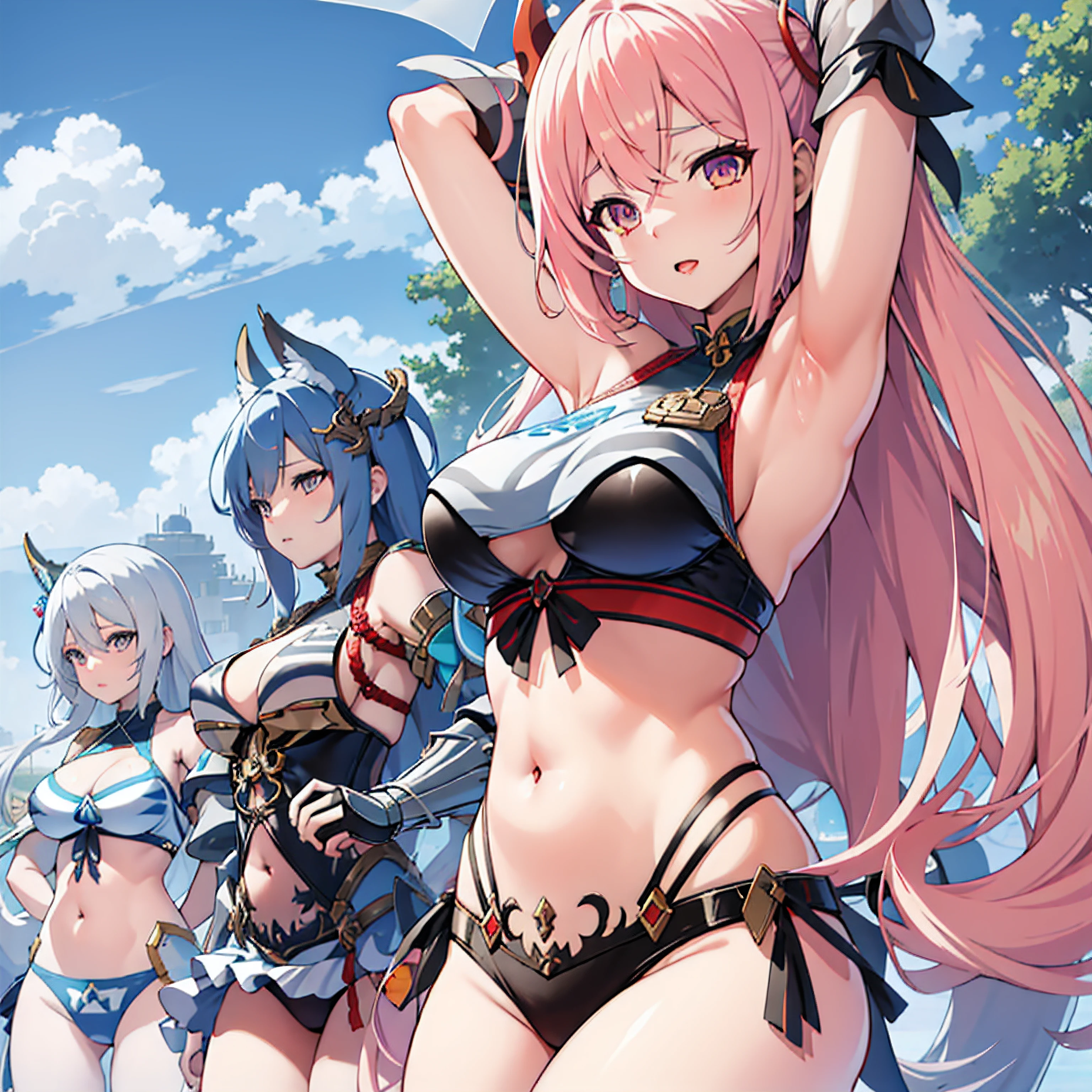 a group of anime girls in bikinis and armor standing in front of a blue sky, characters from azur lane, from the azur lane videogame, epic light novel art cover, shadowverse style, azur lane style, visual novel key visual, bikini-armor, ornate bikini armor, visual novel cg, bikini armor, mystical anubis valkyrie