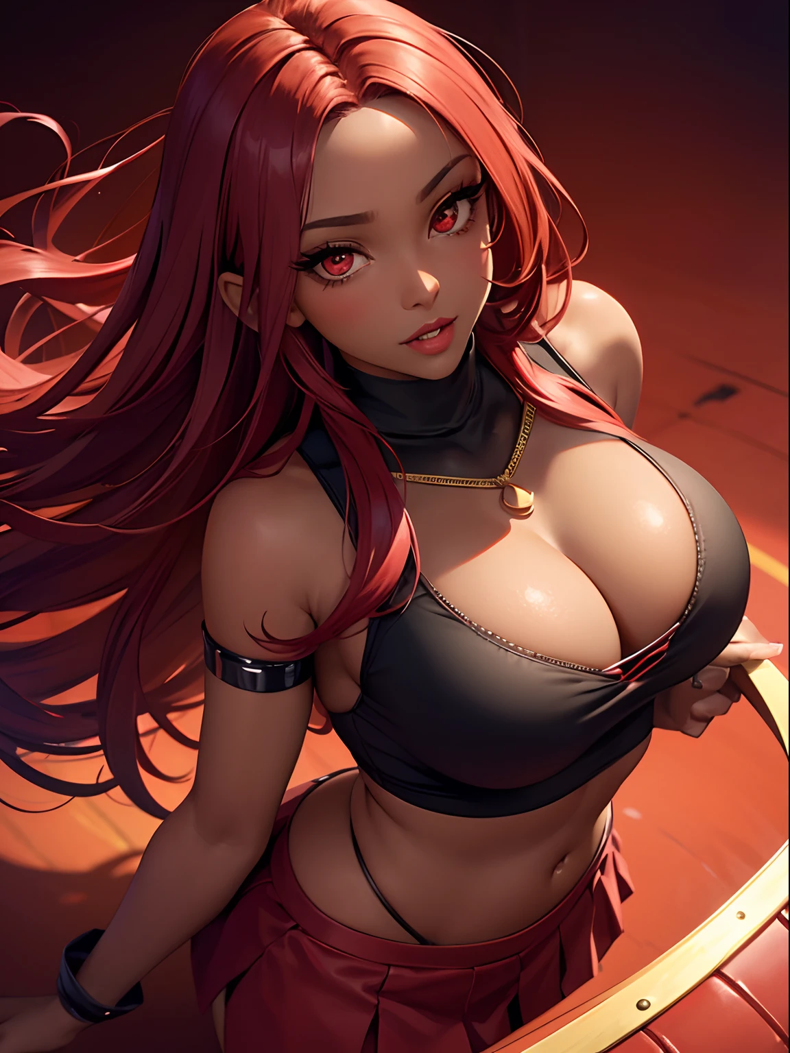 dark-skinned female++++, detailed eyes, sparkling eyes, close-up , red eyes, full lips, +thick lips, +full lips, big breast, red hair, belly piercing,,long hair, flat stomach, long eyelashes, lipgloss, smirk, vampire, fangs+++ , basketball outfit,,looking at viewer , HD++ , laced leg-wear , red skirt , from above , red background , red moon , fire