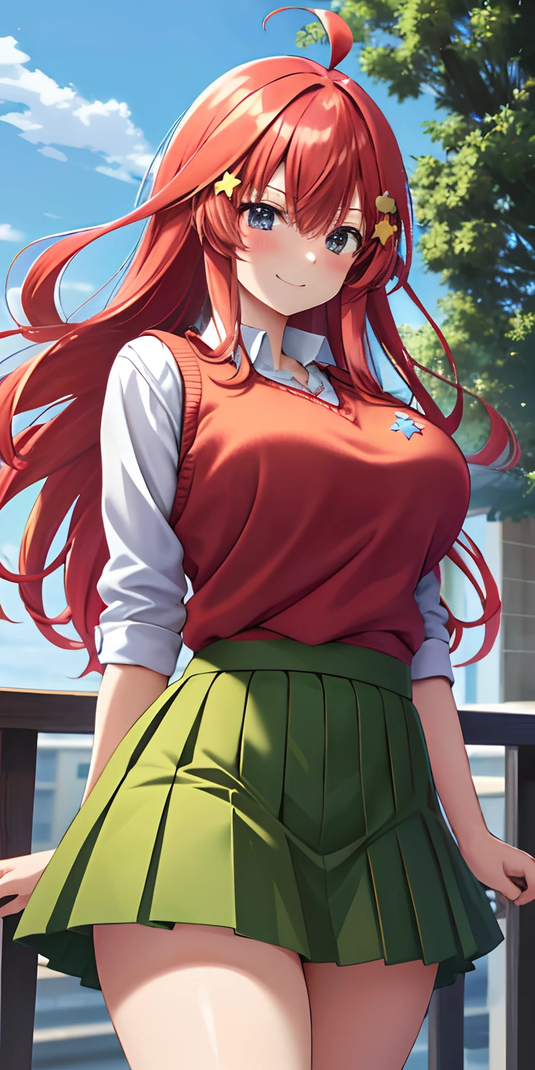 2d, Masutepiece, Best quality, anime, Highly detailed, 1girl in, only, Cowboy shot, Itsuki nakano, Red hair, Long hair, Star hair ornament, Ahoge, red sweater, Collared shirt, Green skirt, Pleated miniskirt very short, gigantic breasts, standing, school, outdoors, seductive smile, blushing, lifting skirt by yourself, pigeon toes, showing panties, floating hair, wind, big round breasts, wide hips, wide thighs