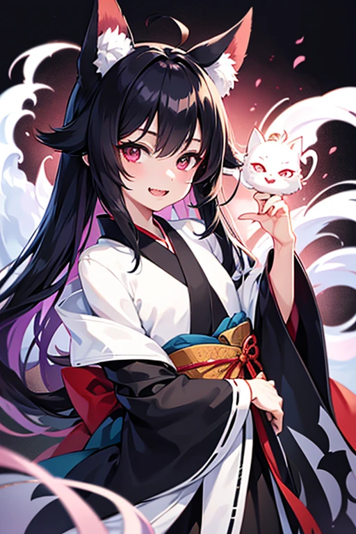 masterpiece, best quality, anime illustration of a japanese boy, 1boy, male focus, solo, kitsune, fangs, pale skin, violet eyes, tsurime, hime cut, straight hair, black hair, long hair, kemonomimi, animal ears, black fox ears, japanese clothes, kimono, face portrait, looking at viewer, vibrant colors, edo period, feminine, flat chest, mischievous, smile