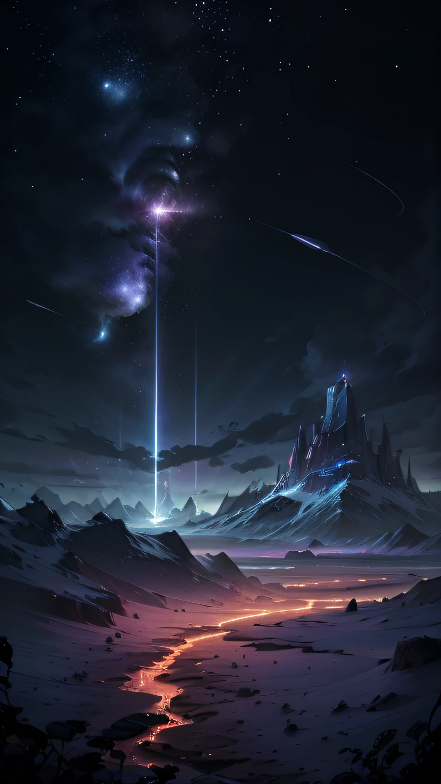((tmasterpiece, best qualityer, ultra - detailed, A high resolution)) Expansive landscape photography, (See below.), Above is the sky, Below is an open field), (Take the keys: 1.2), (meteors: 0.9), (Starcloud: 1.3), Far Mountain, Tree BREAK making art, (Warm light source: 1.2), (glowworm: 1.2), lamp lights, Very purple and orange, Complicated details, Volume lighting, BREAK Realism (tmasterpiece: 1.2),  (best qualityer), ultra - detailed, The is very detailed, Colorful Detailed, (Rainbow colors: 1.2), (Bright lighting, Atmospheric illumination), Dreamlike, magical, 4K