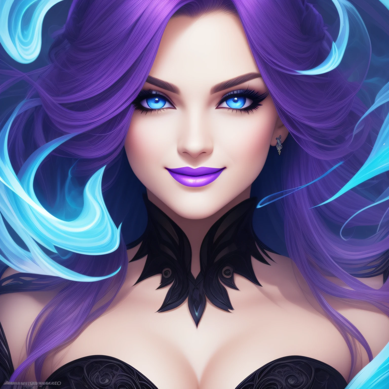 Powerful enchantress posing for a picture, super villainess in black outfit (bare shoulders), long flowing purple hair, lush purple lips, looking at viewer, highly detailed face, subtle smile, pink smoke swirling around her, sorceress, loves being evil, goddess, beautiful, alluring, mesmerizing blue eyes, glowing pink particles, ethereal fog, faint darkness), high saturation, movie light, edge light, dark fantasy, real, symmetrical, high detail, best quality