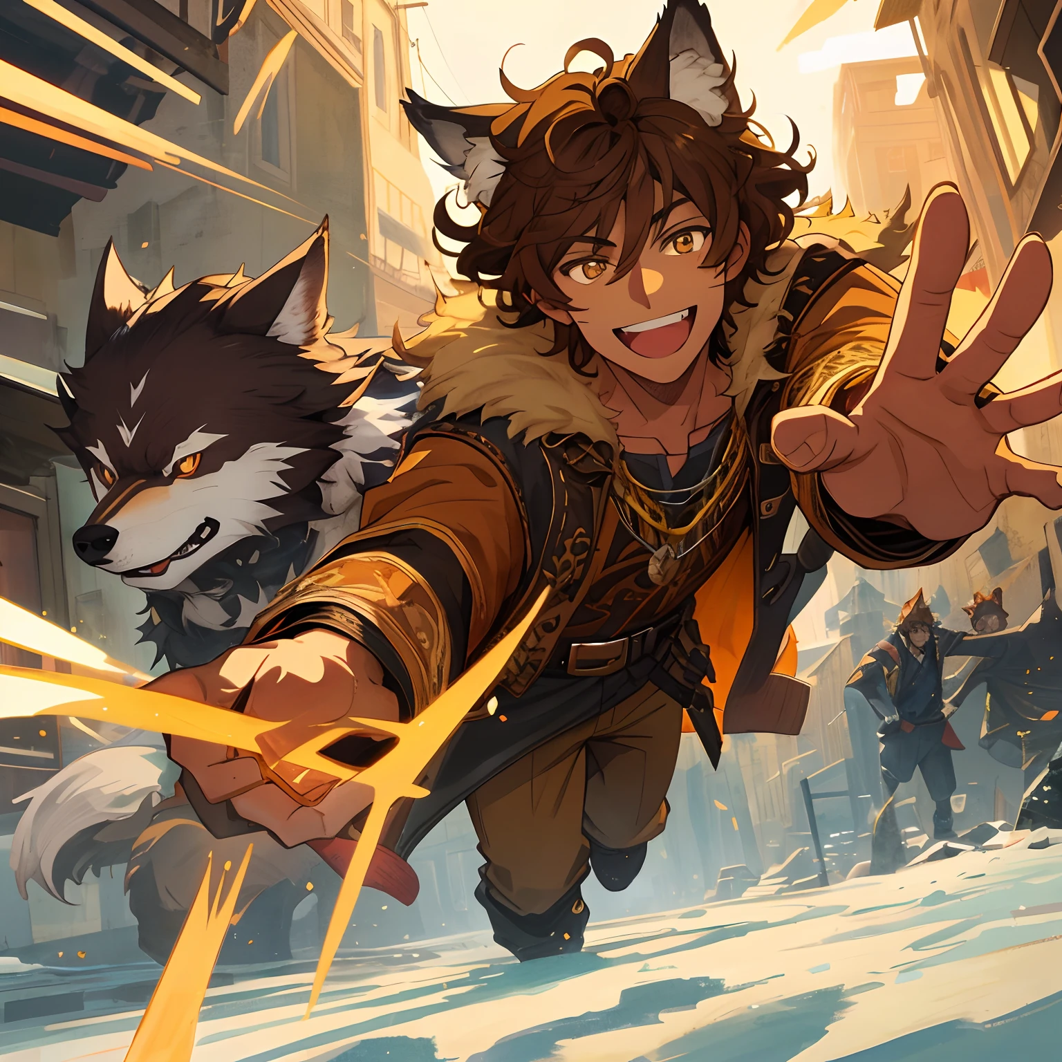 super fine illustration, handsome、Solo Men、wolf ears and wolf tail, amber eyes, brown curly hair, tan skin, werewolf clothes, happy expression, outside background