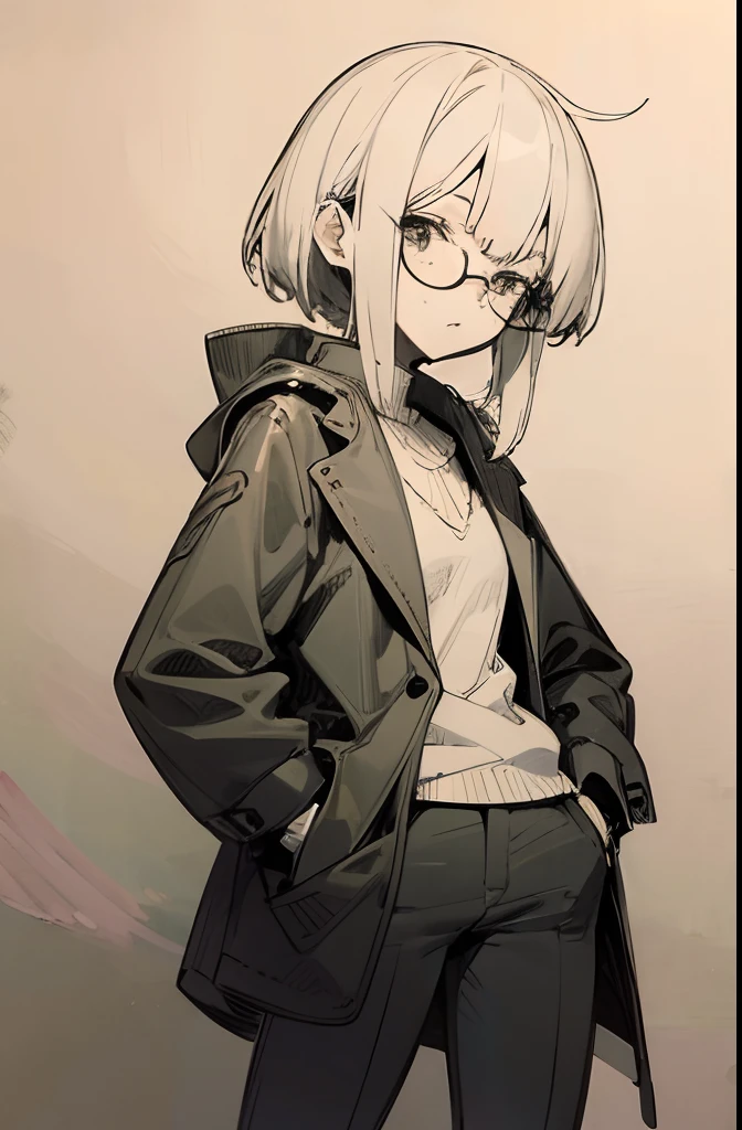 Cool girl, Spike,Glasses, Leather clothes, Hand in pocket,Hand-drawn,Uncolored pencil drawings