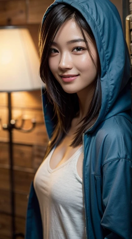 masterpiece,best quality,ultra detailed,highres,high-resolution,4k,realistic,RAW photo,((real person)),portrait photography,photorealistic,detailed skin,(delicate black eyes ), A soothing woman with sagging eyes,Calm and calm, middle hair,skinny,clothing,The wind is blowing,tareme、Shortcuts、Short Hair、Completely 、Thin fabric hoodie、Walking in the rainy city、smile、Cleavts、Large Breasts