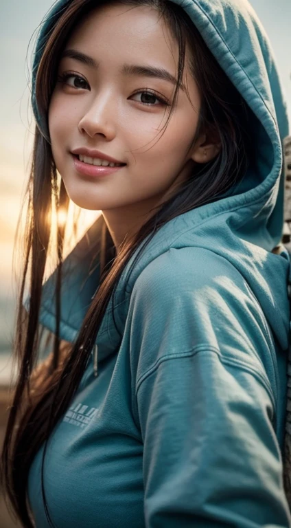 8k, best quality, masterpiece, realistic, ultra detail, photo realistic, hyper realistic, smoother lighting, increase cinematic lighting quality, realistic lighting, backlighting, brightening light, Increase quality, best quality real texture skin,
close-up, slender, cute face, smile, beautiful details eyes, 19years old korean, pretty, Drill hair with electric blue color, hood, aodaisexy