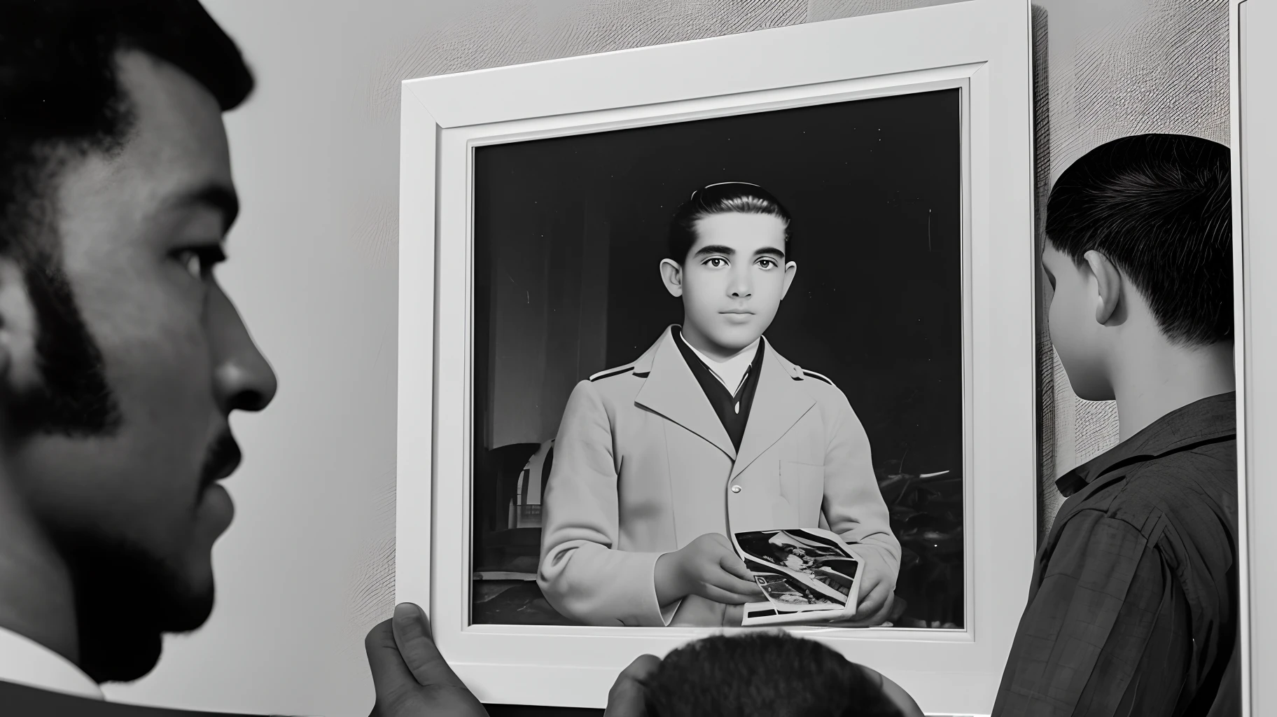 A young man is looking at picture of his father in his hands.