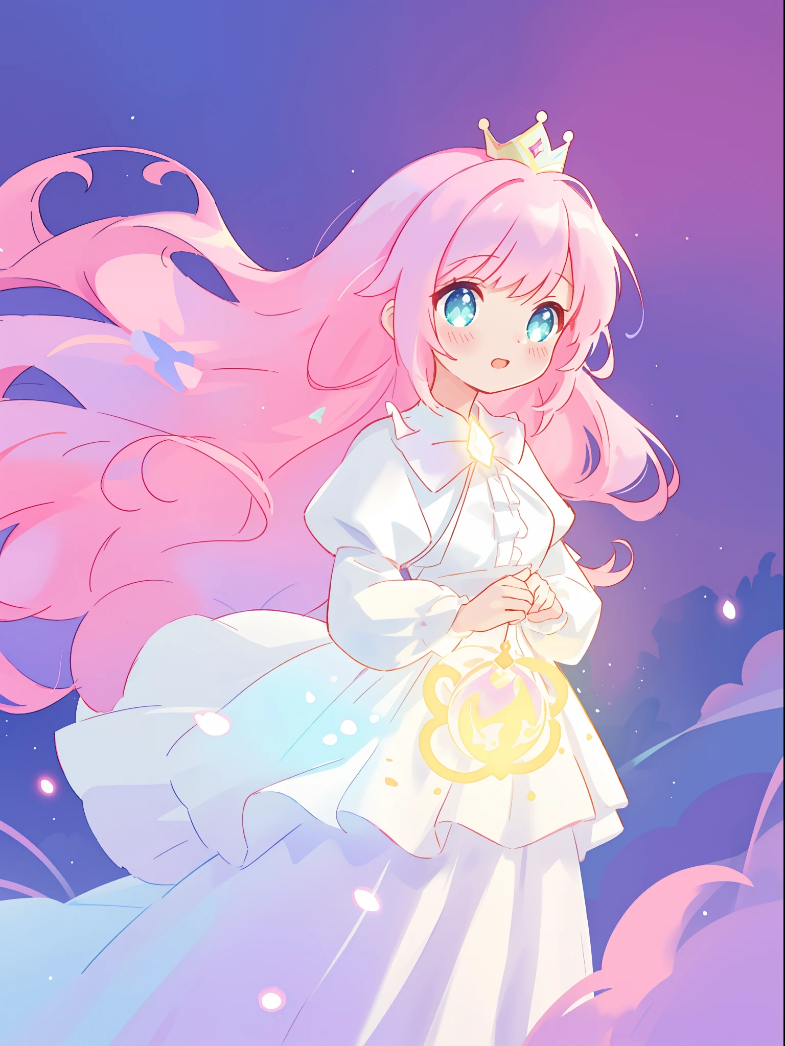 beautiful girl in glowing white ballgown, ((tiered layered ballgown)), flowing sheer long sleeves, sparkling white ballgown, ((puffy white princess ballgown skirt)), vibrant pastel colors, (colorful), magical lights, long flowing colorful pink hair, ((glowing aura around her)), flowing glowing hair, fantasia landscape background, whimsical, magical, fantasy, beautiful face, ((masterpiece, best quality)), intricate details, highly detailed, sharp focus, 8k resolution, sparkling detailed eyes, liquid watercolor