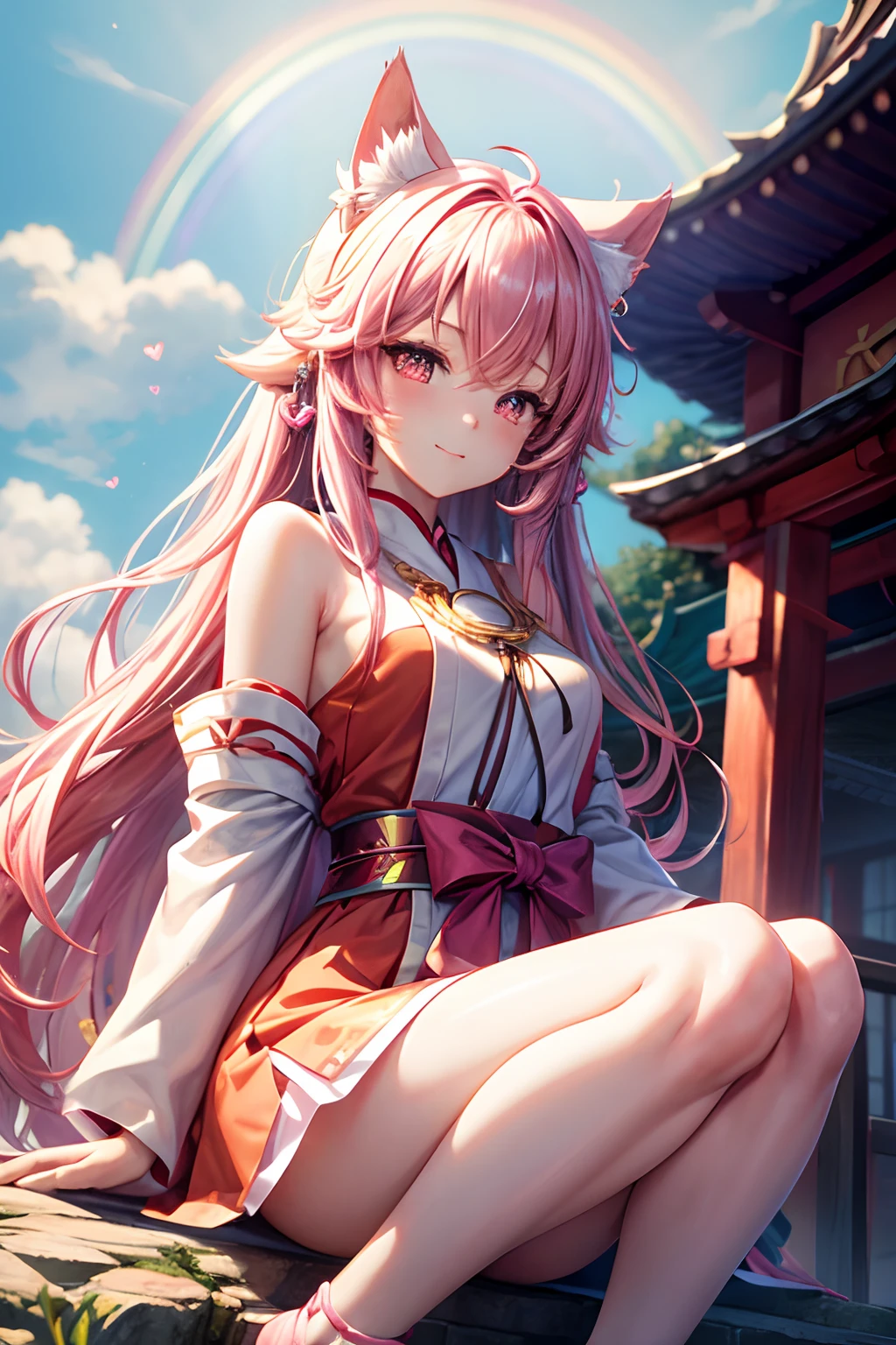 Top quality, high resolution, perfect human structure, background focus, front view, rainbow hair, glowing hair, cat ears, miko clothes, shrine, heart shaped pupils , wavy hair, shiny hair, tear, knees up, pink dress, beautiful,