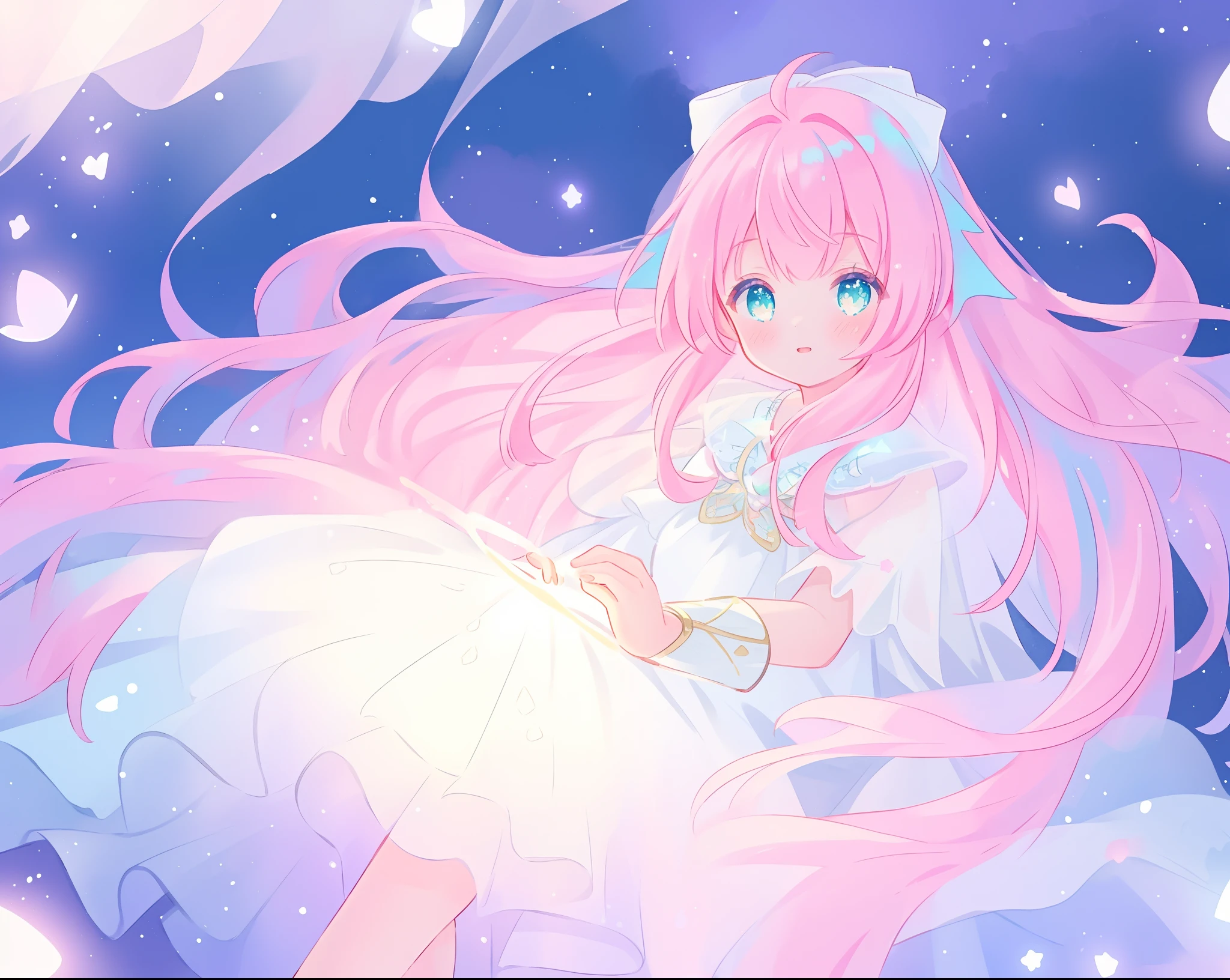 beautiful girl in glowing white dress, ((flowing white ballgown)), vibrant pastel colors, (colorful), magical lights, long flowing colorful pink hair, ((glowing aura around her)), flowing glowing hair, fantasia landscape background, whimsical, magical, fantasy, beautiful face, ((masterpiece, best quality)), intricate details, highly detailed, sharp focus, 8k resolution, sparkling detailed eyes, liquid watercolor