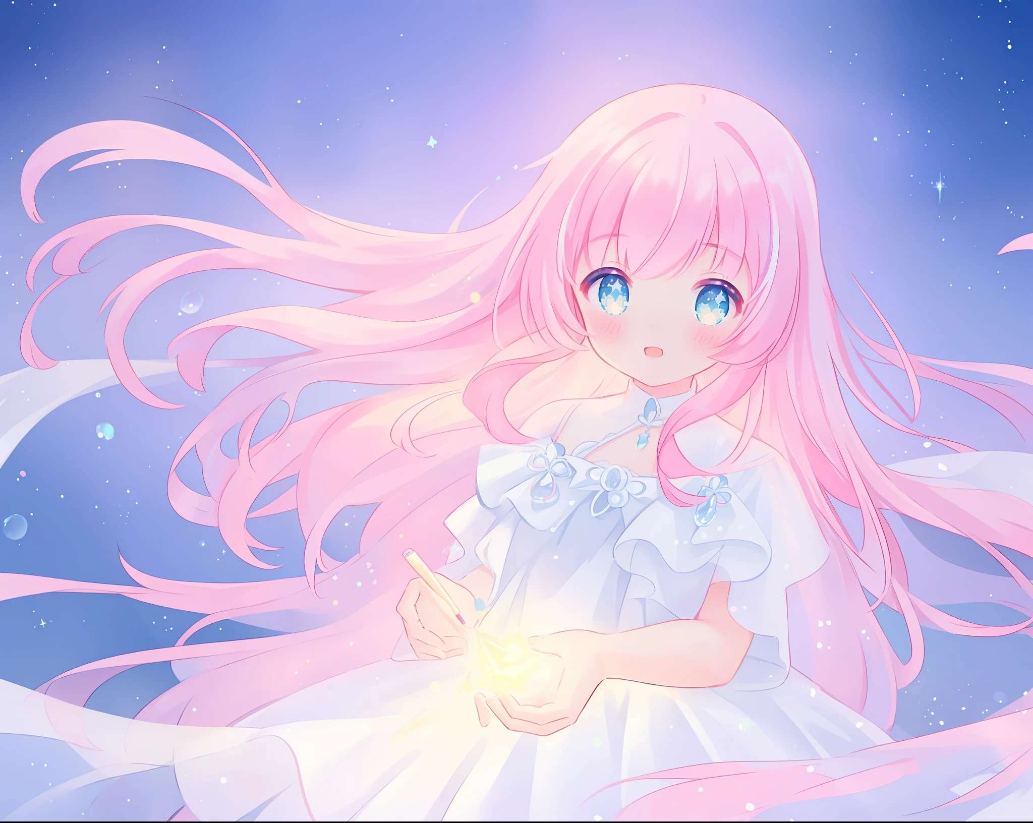 beautiful girl in glowing white dress, ((flowing white ballgown)), vibrant pastel colors, (colorful), magical lights, long flowing colorful pink hair, ((glowing aura around her)), flowing glowing hair, fantasia landscape background, whimsical, magical, fantasy, beautiful face, ((masterpiece, best quality)), intricate details, highly detailed, sharp focus, 8k resolution, sparkling detailed eyes, liquid watercolor