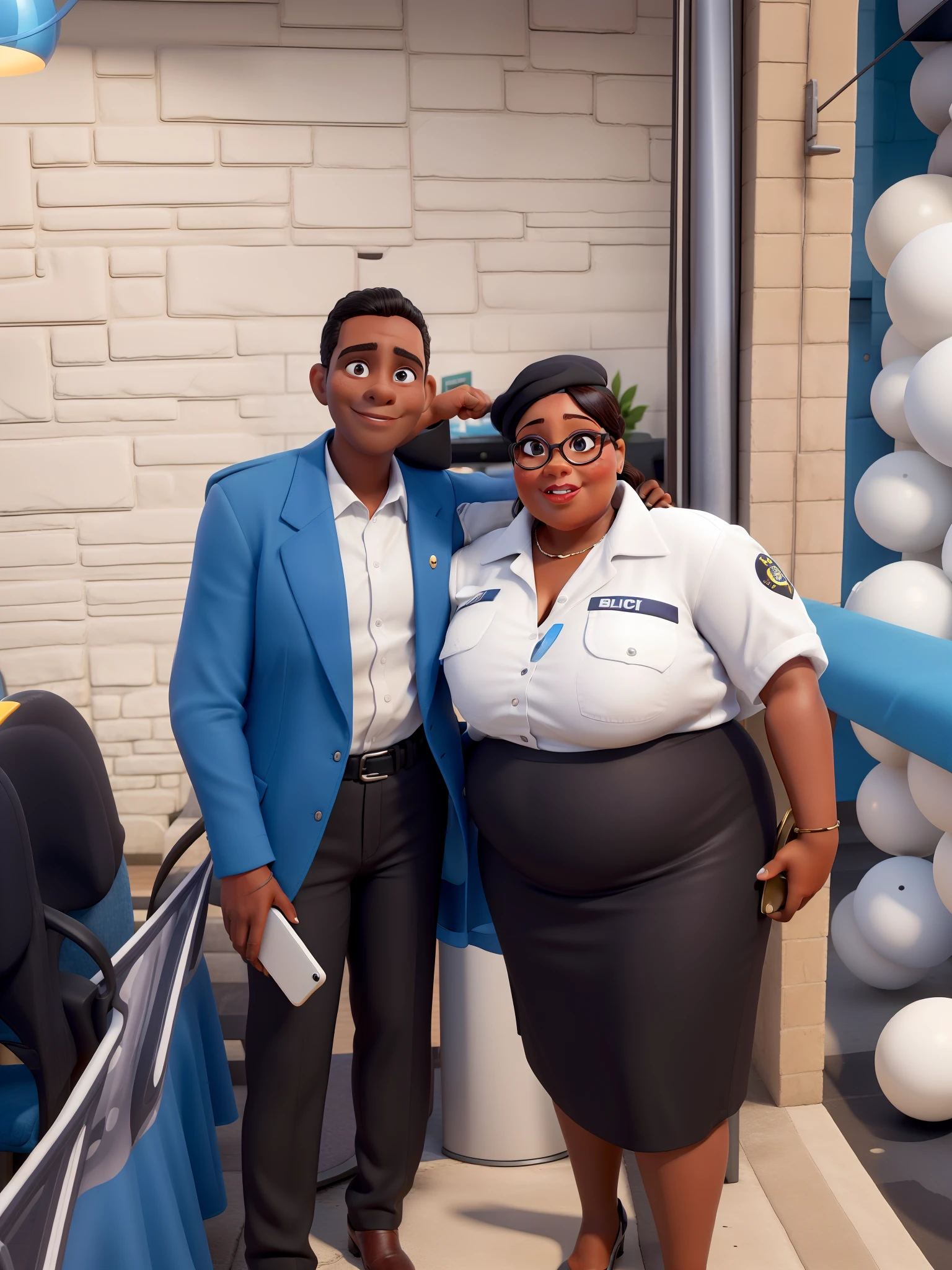 Poste Disney Pixa- Eu sou Magro cor de pele Marro, estou vestindo uma Causa de Cor cinza, e um terno de cor bege, I also have a cell phone in my hand, minha blusa por dentro e cor azul sem design, I'm inside the church and with me is a chubby woman wearing a police outfit with a black beret on her head and a white glove on her hands, Near us there are white chairs and blue and white balls, the woman who is with me, her skin color is white, her skirt is black and her blouse is beige, beret is black