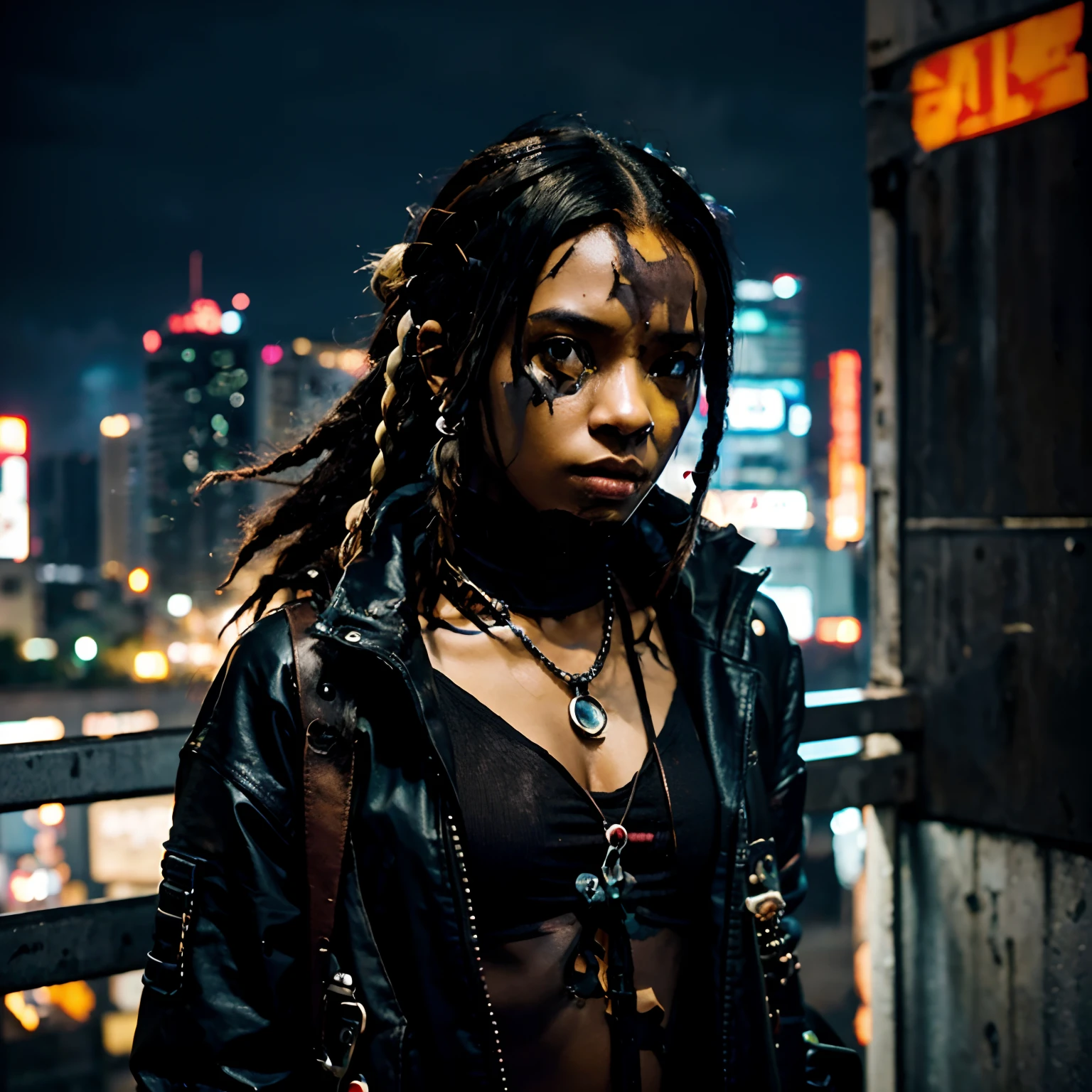African-American samuray girl on the streets of Tokyo at night surrounded by neon signs