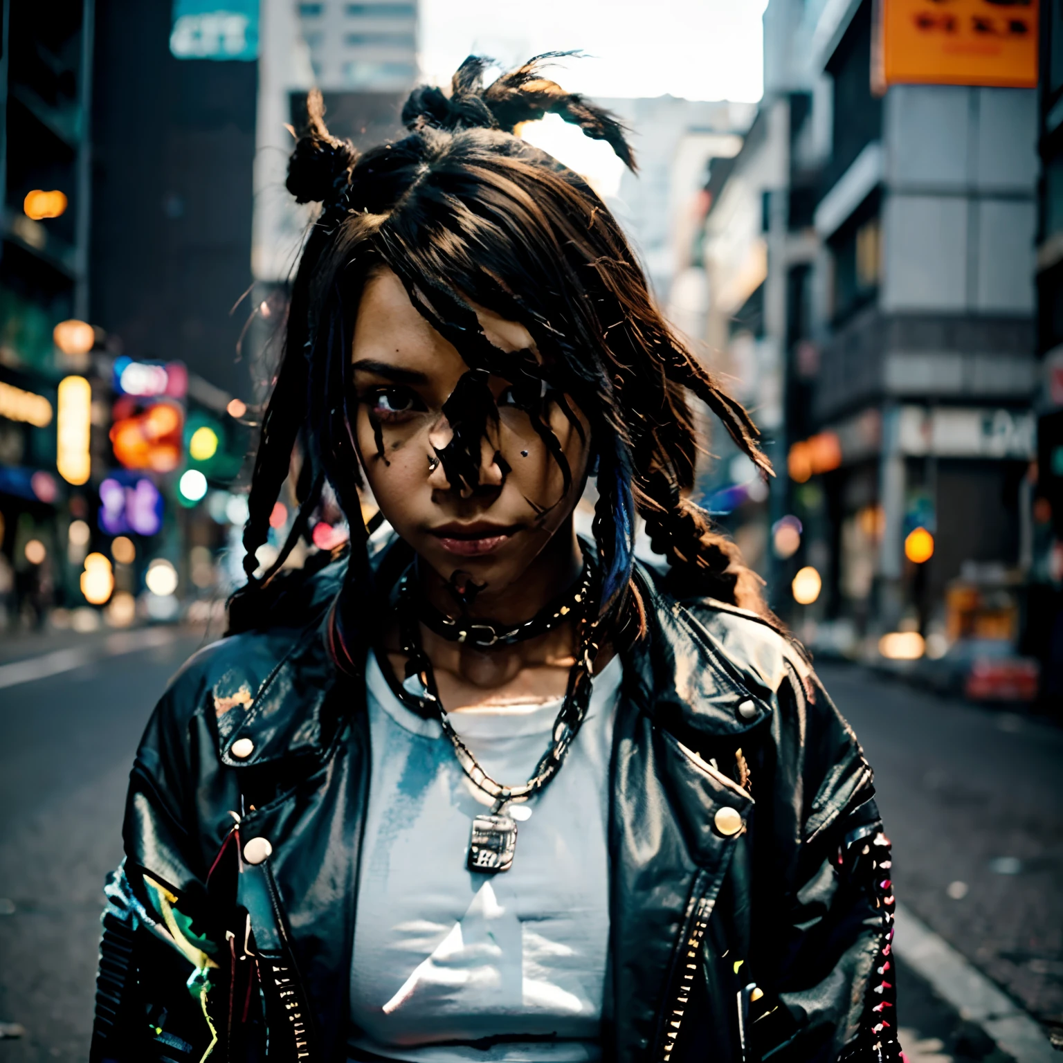 dark-skinned  anime with chain around her neck and dark brown jacket, ele tem dreadlocks pretos, Heterocormia, , badass anime 8 k, arte digital do anime cyberpunk, arte de anime cyberpunk, Gatilho Estilo de Arte de Anime, Anime cyberpunk moderno, arte cyberpunk anime, hero pose colorful city lighting, Cyberpunk Rua Goon, estilo de arte cyberpunk, cyberpunk digital - arte de anime, Akira Estilo de Arte, cara cyberpunk, no estilo cyberpunk, estilo de arte cyberpunk , In the city of São Paulo