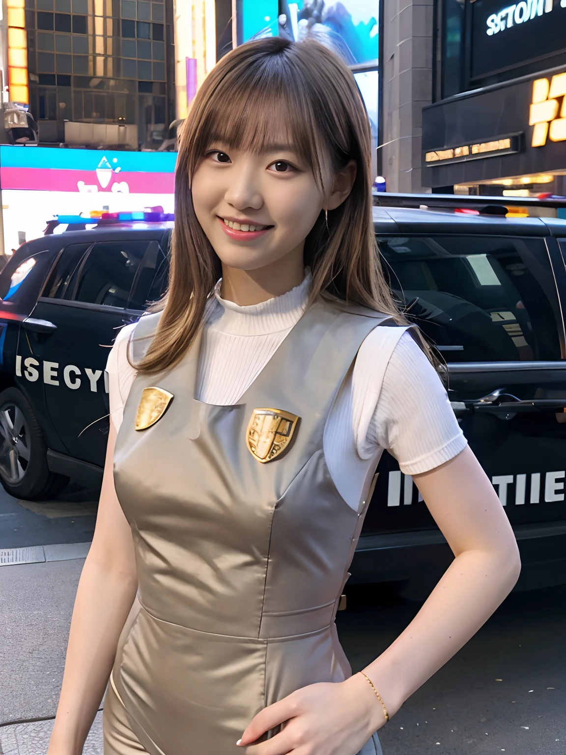 (masutepiece), Best Quality, Ultra-detailed, Illustration, Warm lighting, Bright colors, 1girl in, Solo, Very long hair, Grey Hair,(Gold Bodysuit,White Armored Vest),Flowing hair, armor,  Combat readiness、While looking at the screen in front of the police car and smiling，Security on Wall Street in New York，