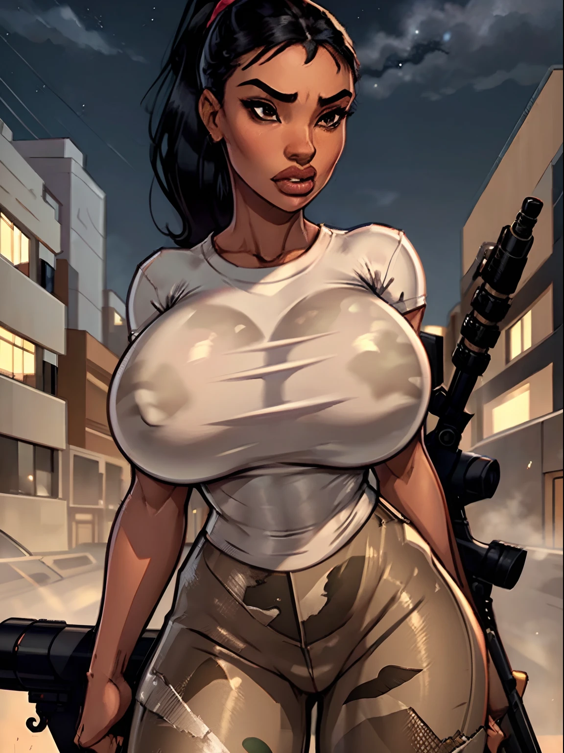 Sexy brown skin huge breast attractive face female thick lips parted lips serious face ponytail black hair tight clothes white shirt badass with sniper rifle and camo pants on top of building night