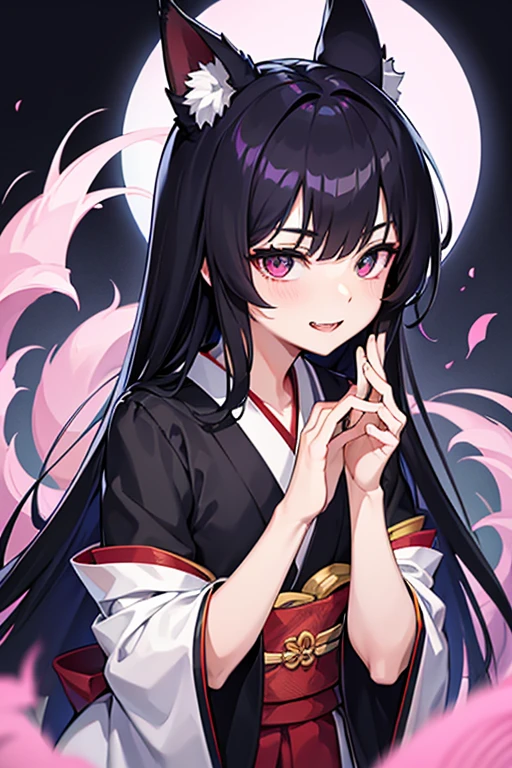 masterpiece, best quality, young japanese man posing for a portrait, 1boy, male focus, solo, kitsune, fangs, pale skin, violet eyes, tsurime, hime cut, straight hair, black hair, long hair, kemonomimi, animal ears, black fox ears, japanese clothes, kimono, upper body, looking at viewer, edo period, feminine body, flat chest, mischievous, smile