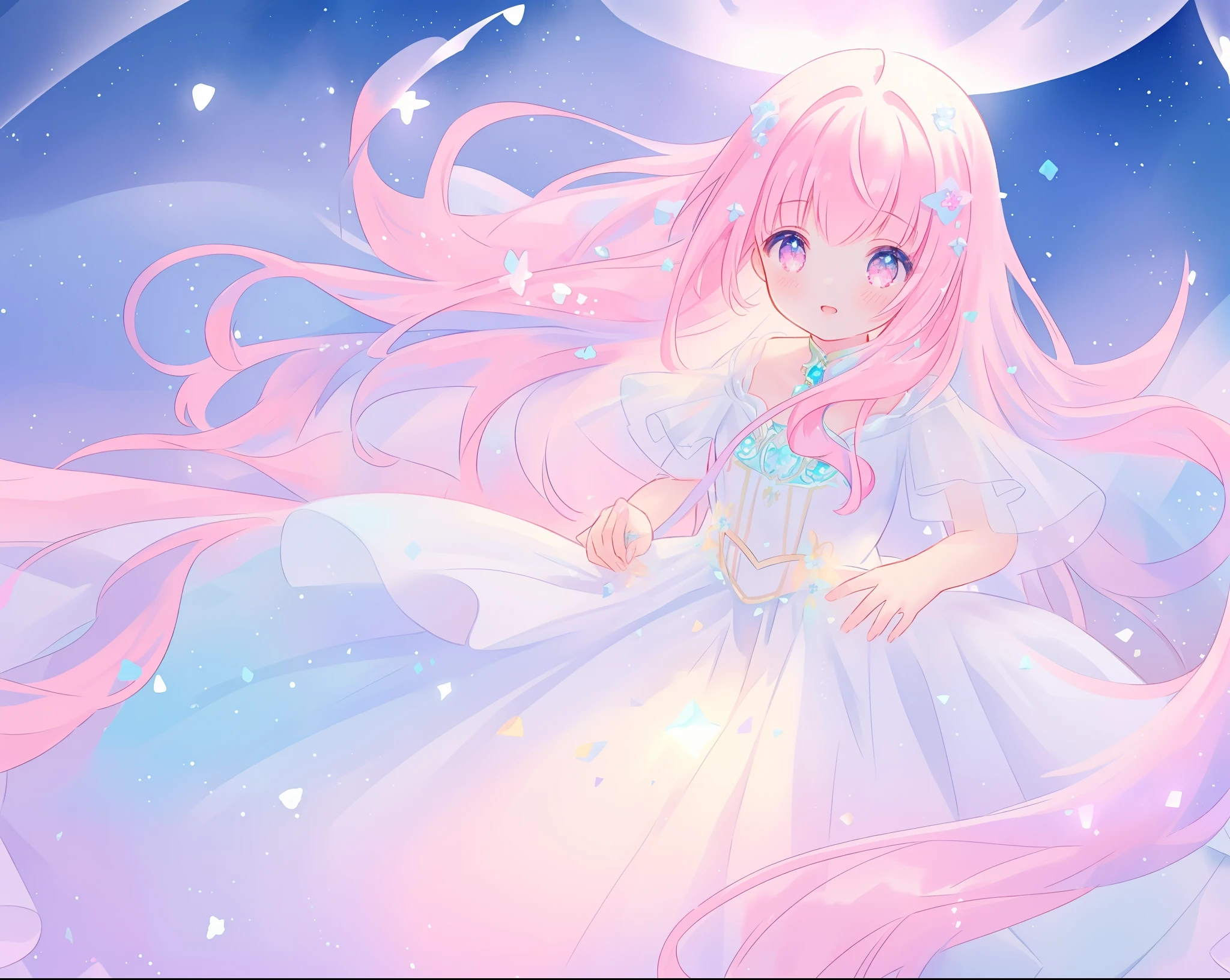 beautiful girl in glowing white dress, ((flowing white ballgown)), vibrant pastel colors, (colorful), magical lights, long flowing colorful pink hair, ((glowing aura around her)), flowing glowing hair, fantasia landscape background, whimsical, magical, fantasy, beautiful face, ((masterpiece, best quality)), intricate details, highly detailed, sharp focus, 8k resolution, sparkling detailed eyes, liquid watercolor